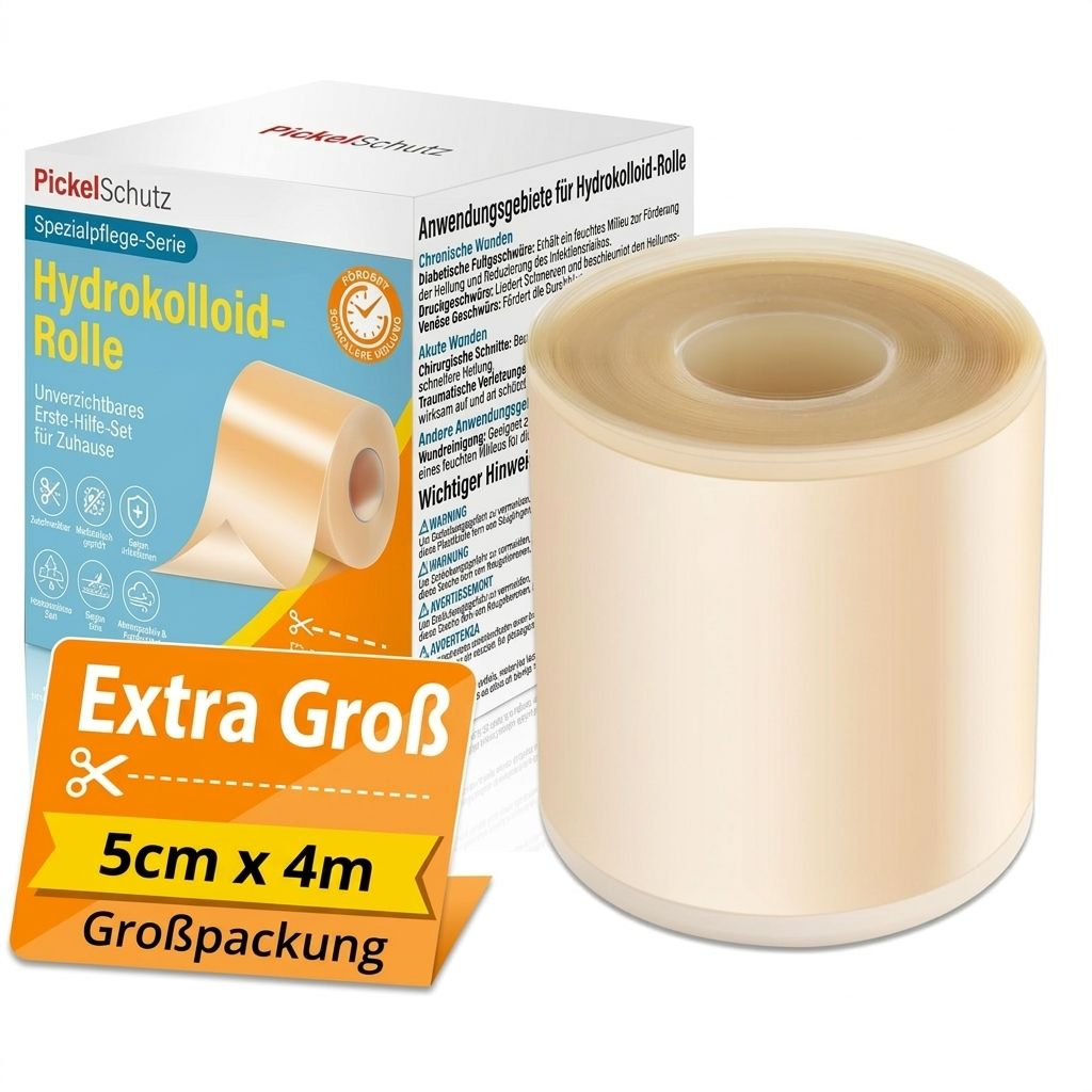 Hydrokolloid-Rolle, 5cm x 4m, in Verpackung. Produktname und Schriftzug "Extra Groß" sichtbar. Rolle aus transparentem Material.