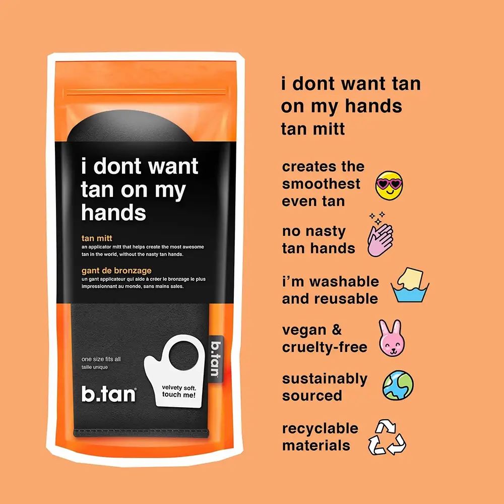 Verpackung für einen Bräunungshandschuh mit Aufschrift 'i dont want tan on my hands'.