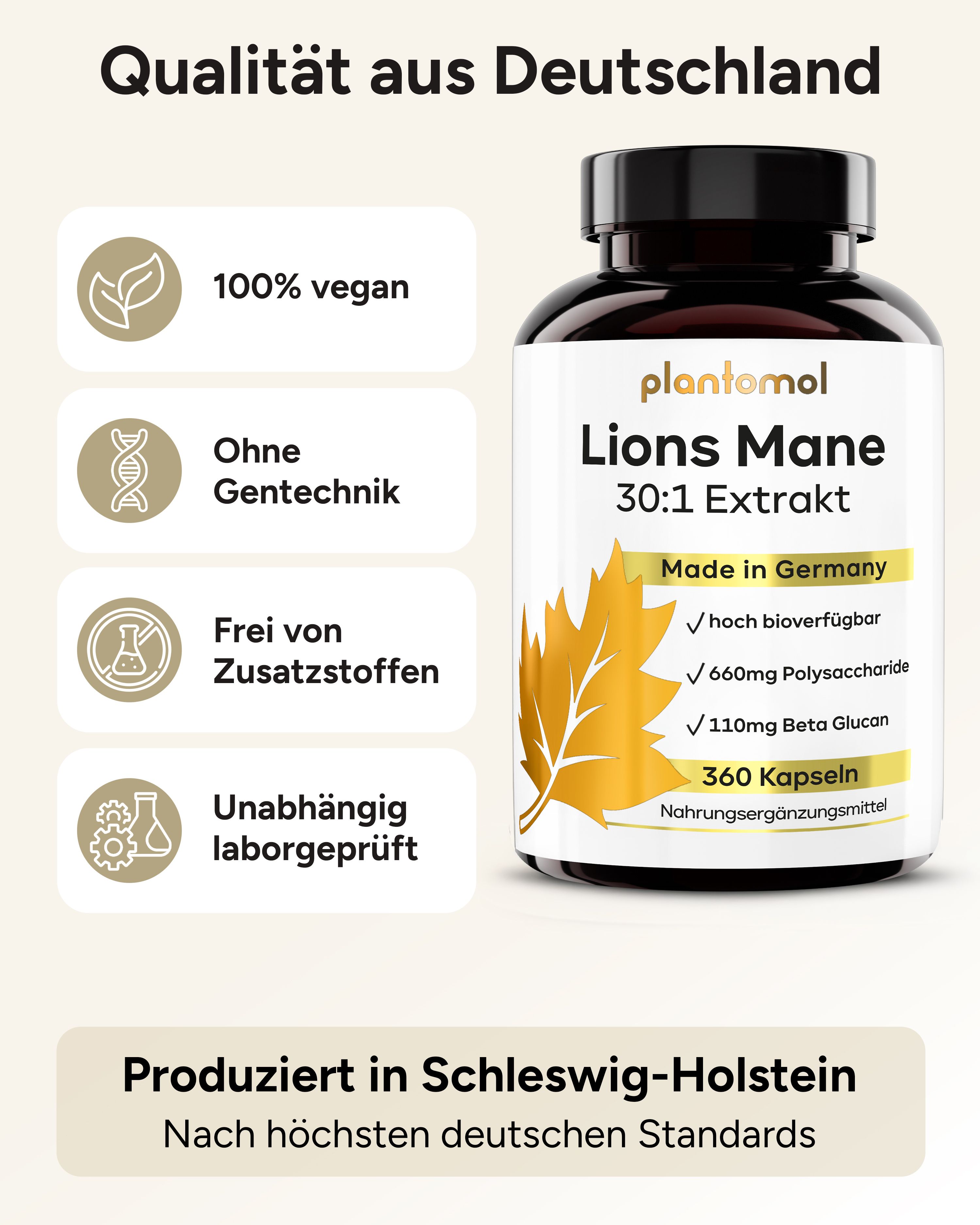 Braune Flasche mit schwarzem Deckel. Text: plantomol Lions Mane 30:1 Extrakt, 360 Kapseln. 100% vegan, ohne Gentechnik, Made in Germany.