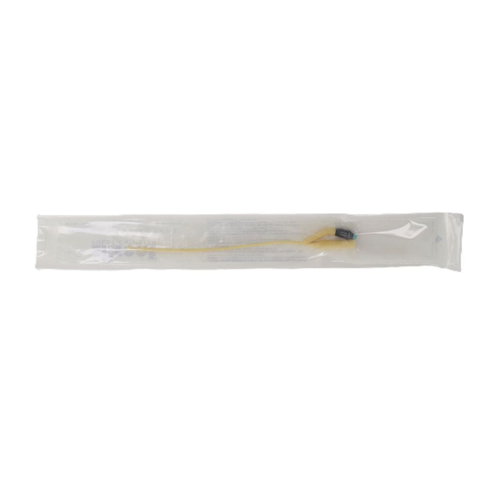 Katheter in transparenter Verpackung. Gelber Katheter mit schwarzer Spitze. Verpackung mit Text.
