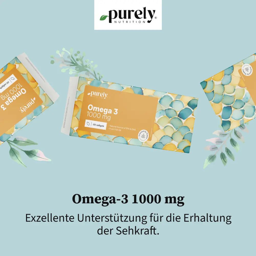 Drei Packungen Purely Omega-3 1000 mg. Text: Exzellente Unterstützung für die Erhaltung der Sehkraft.