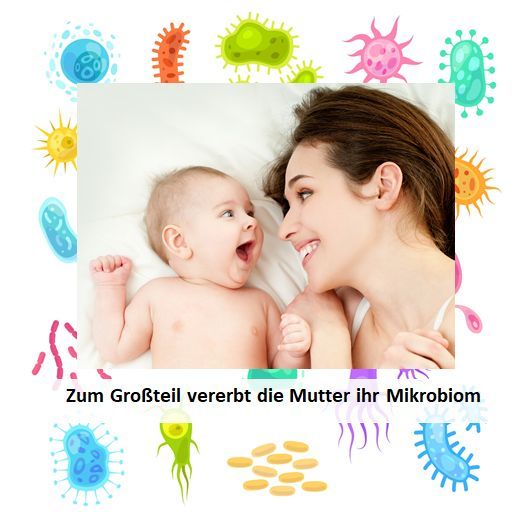 Mutter und Baby liegen im Bett. Text: Zum Großteil vererbt die Mutter ihr Mikrobiom. Illustrationen von Bakterien.