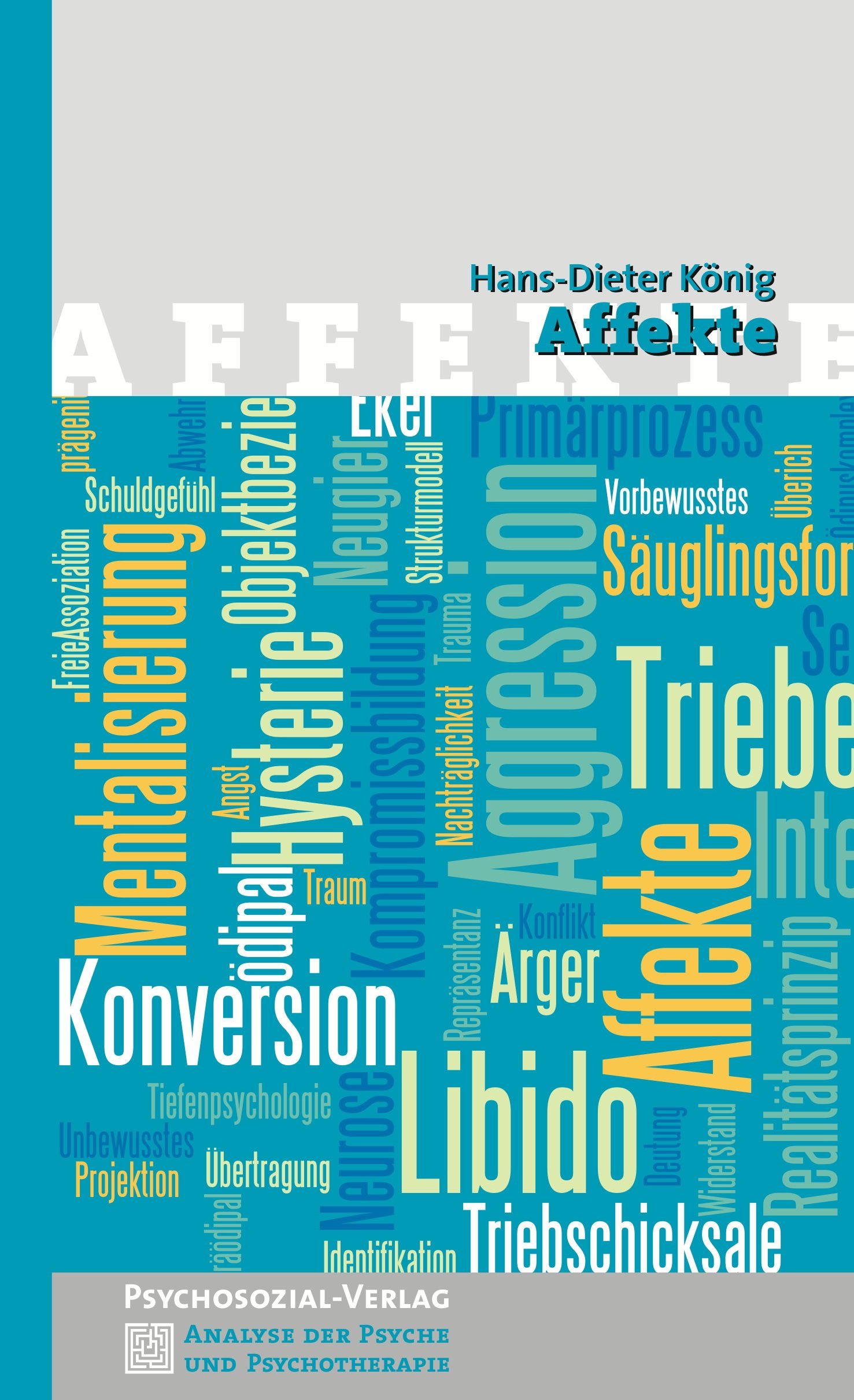 Buchcover mit dem Titel "Affekte" von Hans-Dieter König. Auf blauem Hintergrund sind Begriffe wie "Libido" und "Aggression" zu sehen.