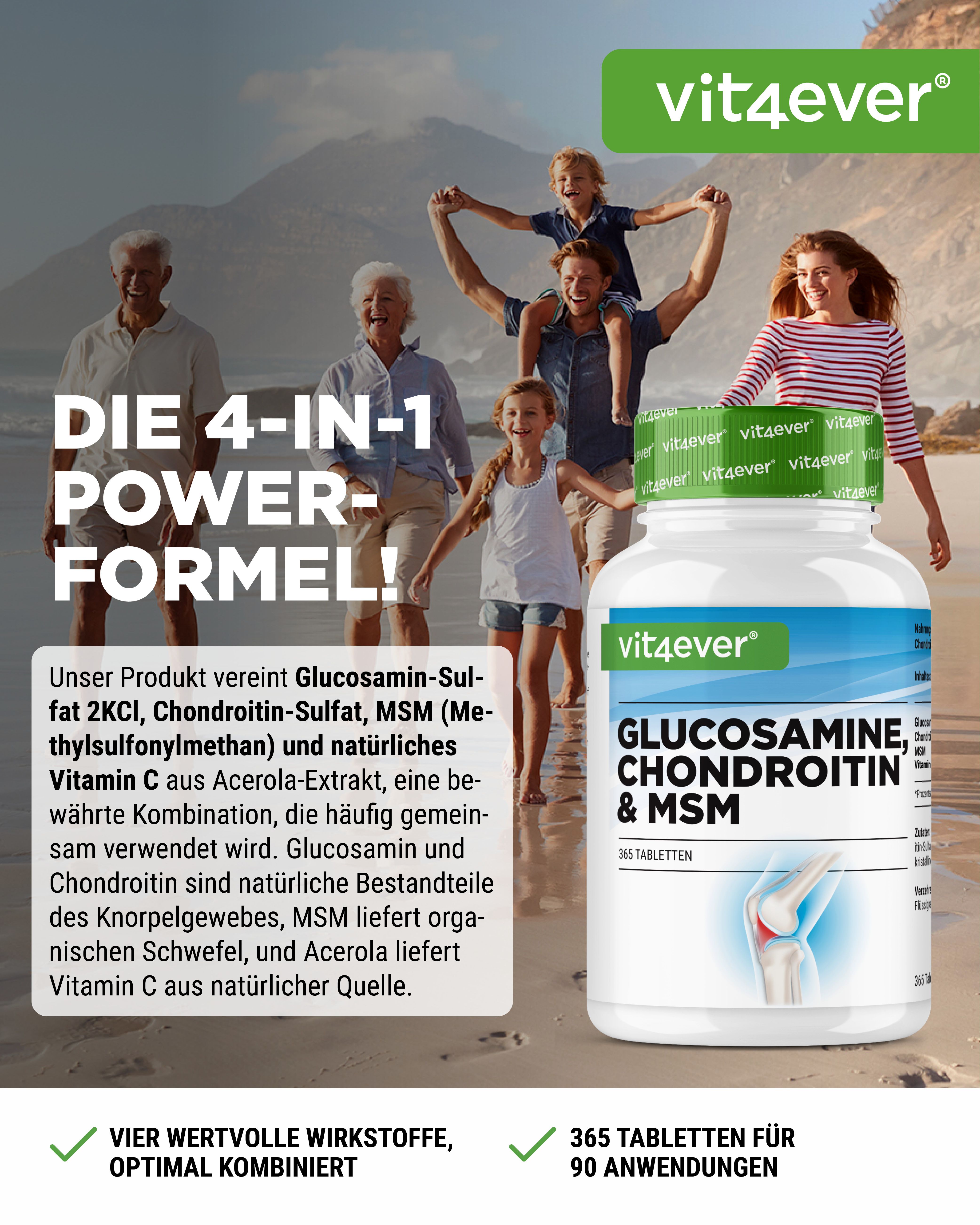Produktflasche mit Familie am Strand. Text: Die 4-in-1 Power-Formel! Enthält Glucosamin, Chondroitin, MSM und Vitamin C.