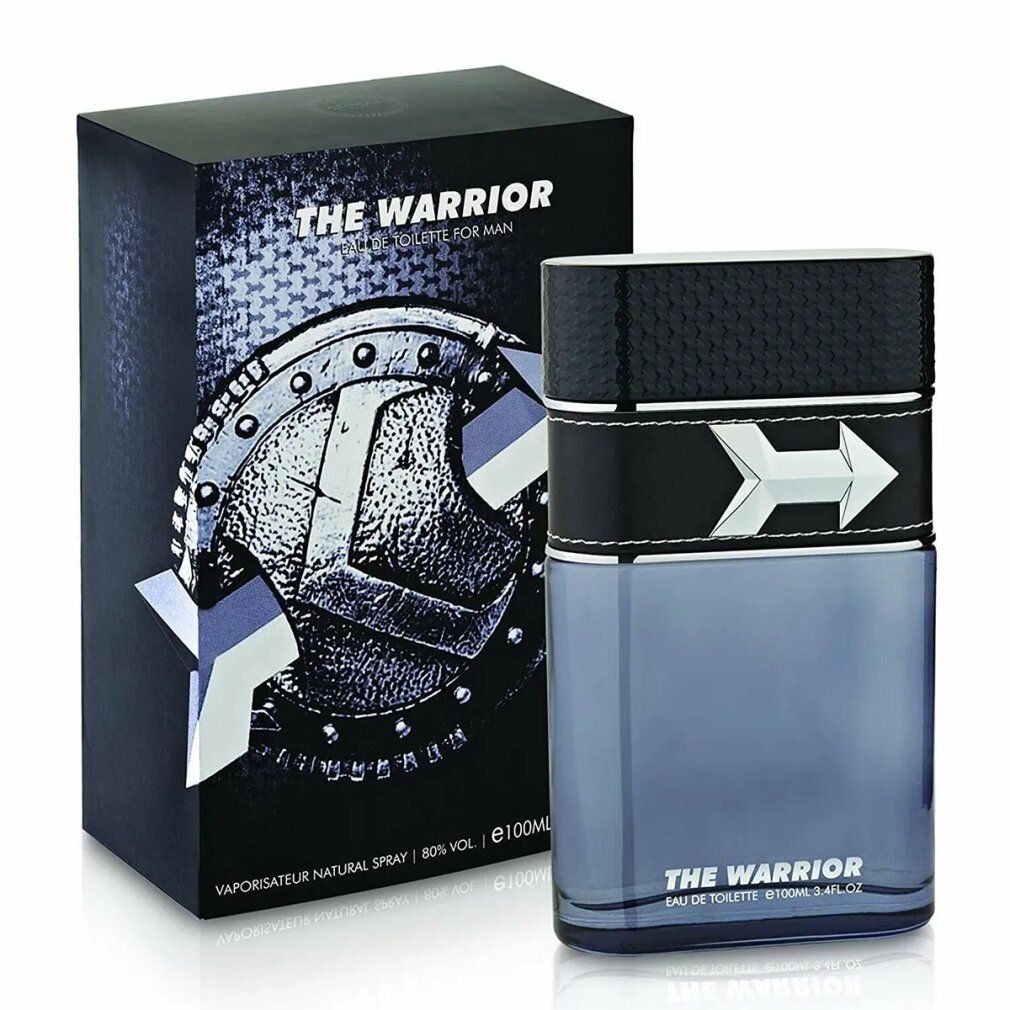 Flakon mit bläulicher Flüssigkeit, schwarzer Deckel. Schwarze Schachtel mit silbernem Design und Text. Produktname: The Warrior.