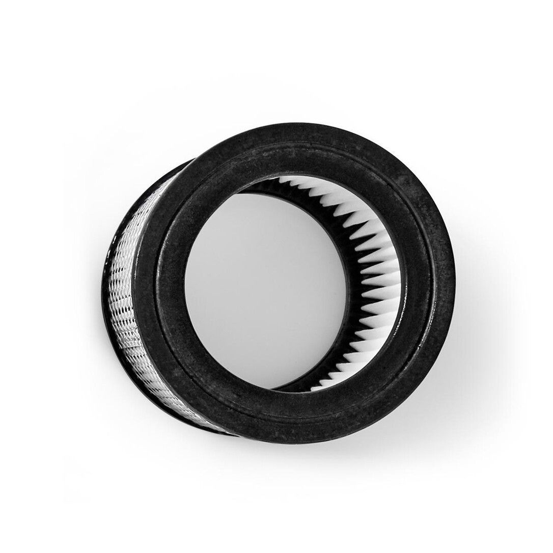 Runder Luftfilter mit schwarzem Rahmen und weißem Filtermedium.