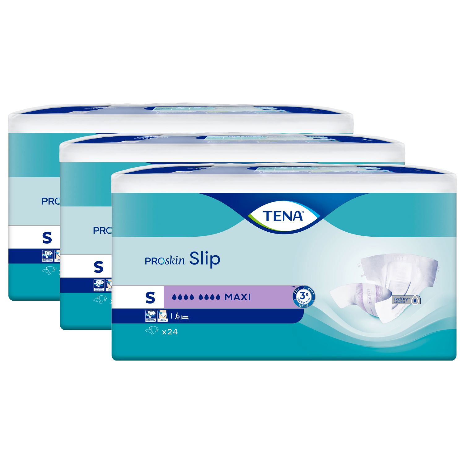 Drei Packungen TENA ProSkin Slip MAXI. Blaue und weiße Verpackung. Größe S. x24 Stück. Marke TENA.