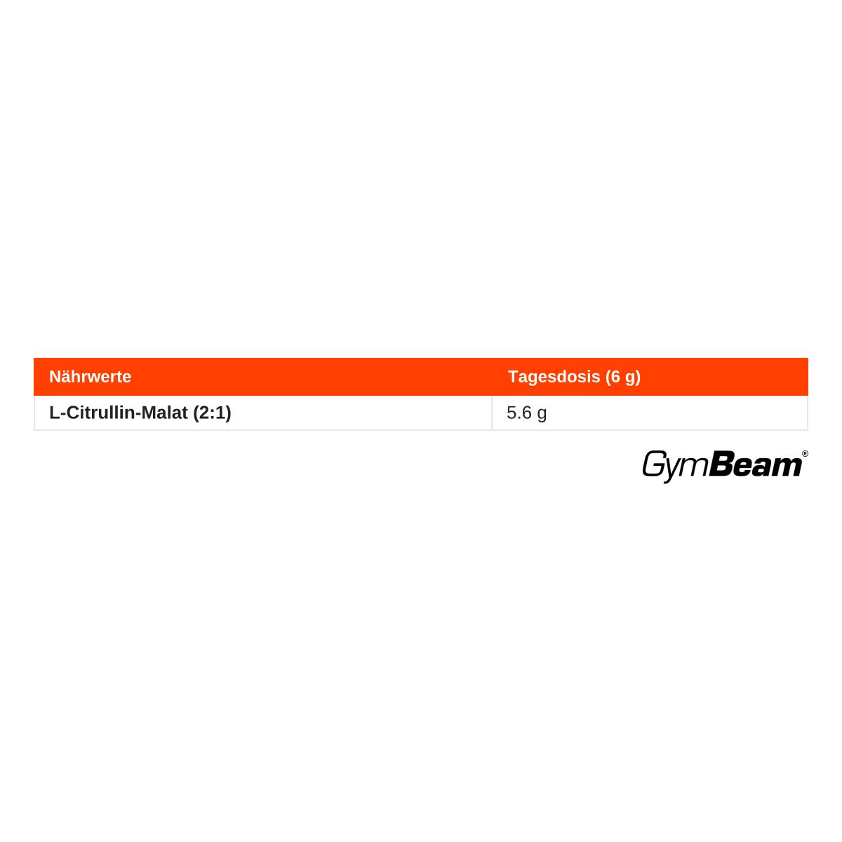 Nährwertangaben: L-Citrullin-Malat (2:1) 5.6g. GymBeam Logo.