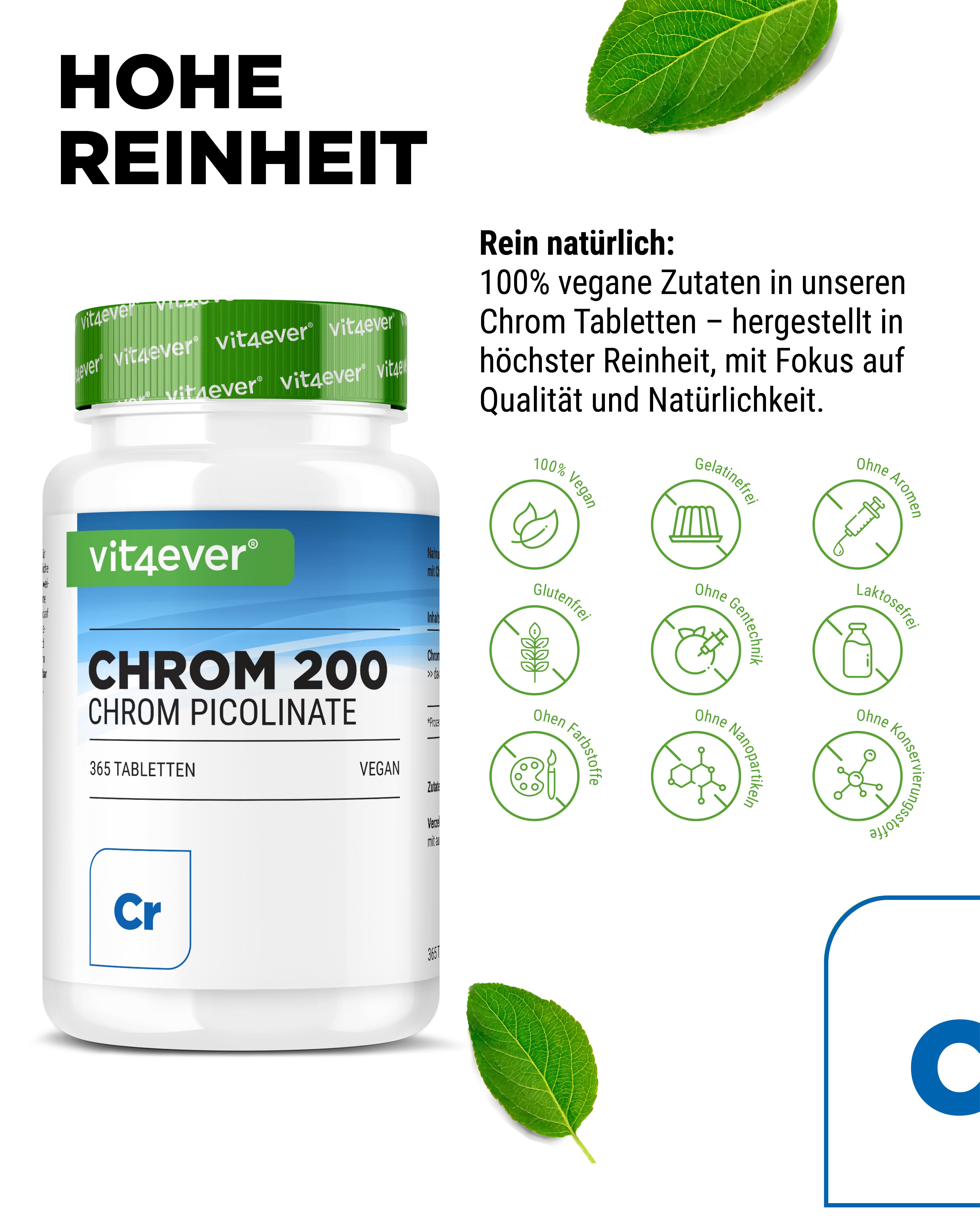 Vit4ever Chrom 200mcg Flasche mit 365 Tabletten, vegan, glutenfrei, laktosefrei.