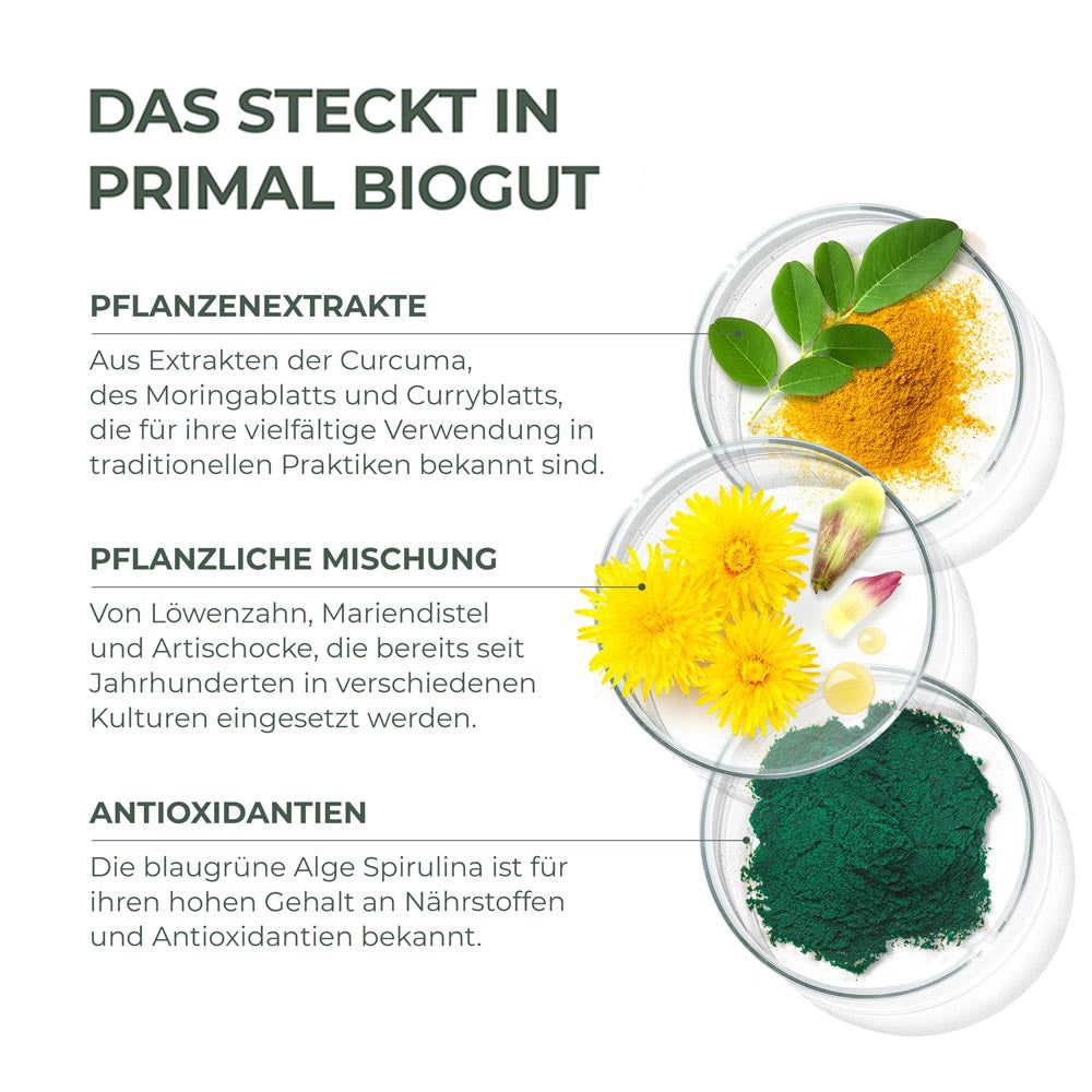 Drei Schalen mit Inhaltsstoffen. Text: Primal Biogut. Pflanzenextrakte, pflanzliche Mischung, Antioxidantien. Spirulina.