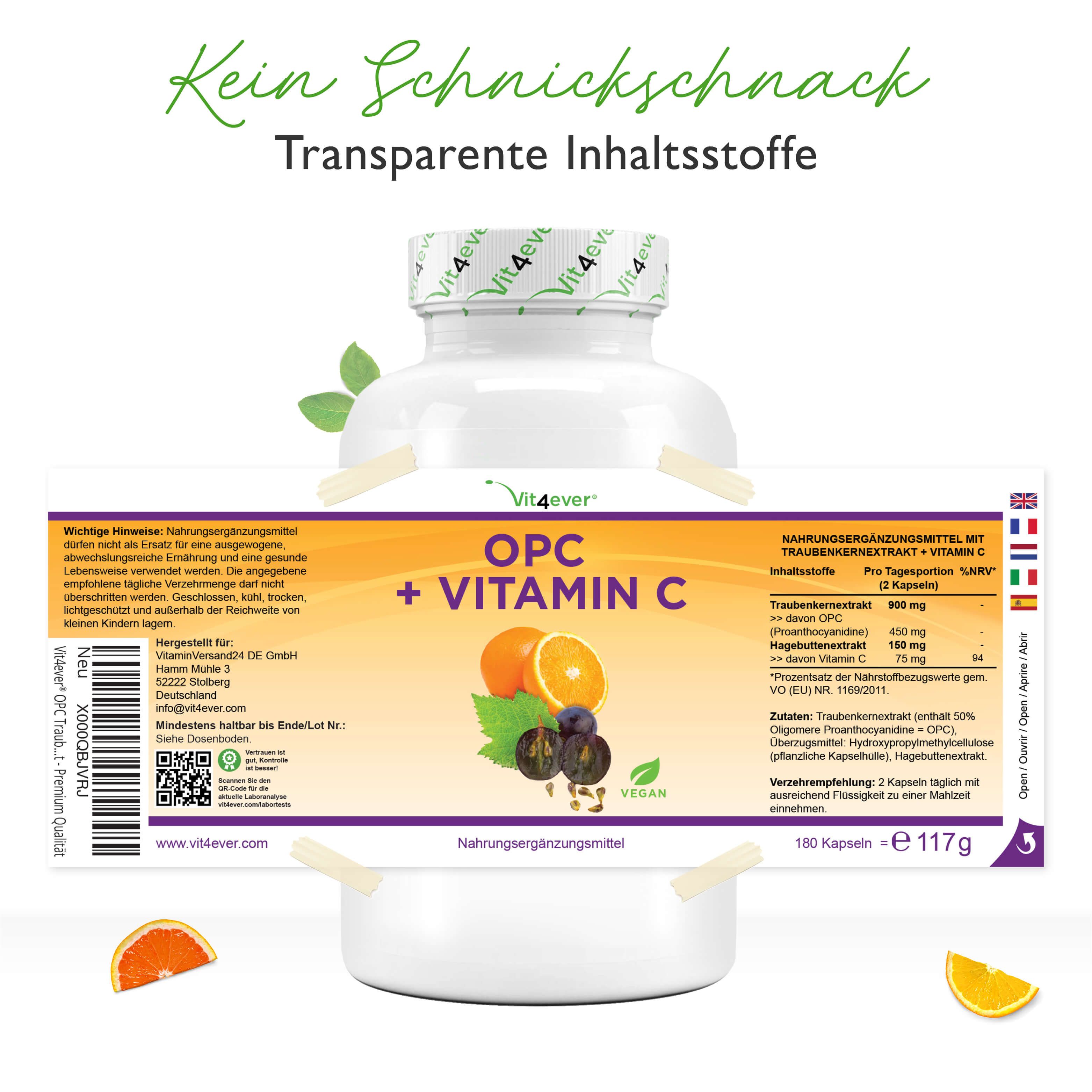 Flasche mit Etikett. OPC + Vitamin C. Inhaltsstoffe, Nährwertangaben, QR-Code.