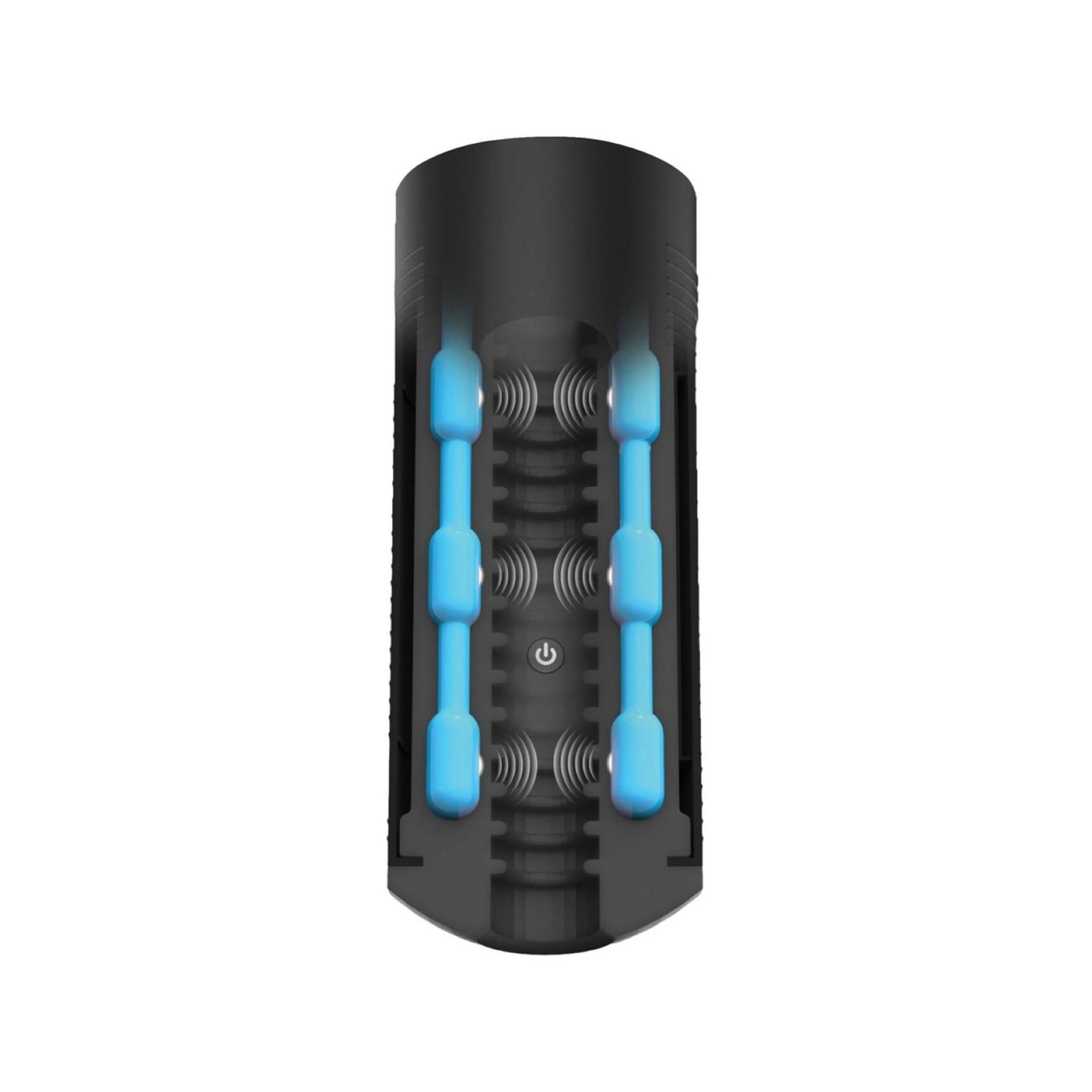 Schnittansicht des Titan Technologischer Masturbator mit blauen Elementen.