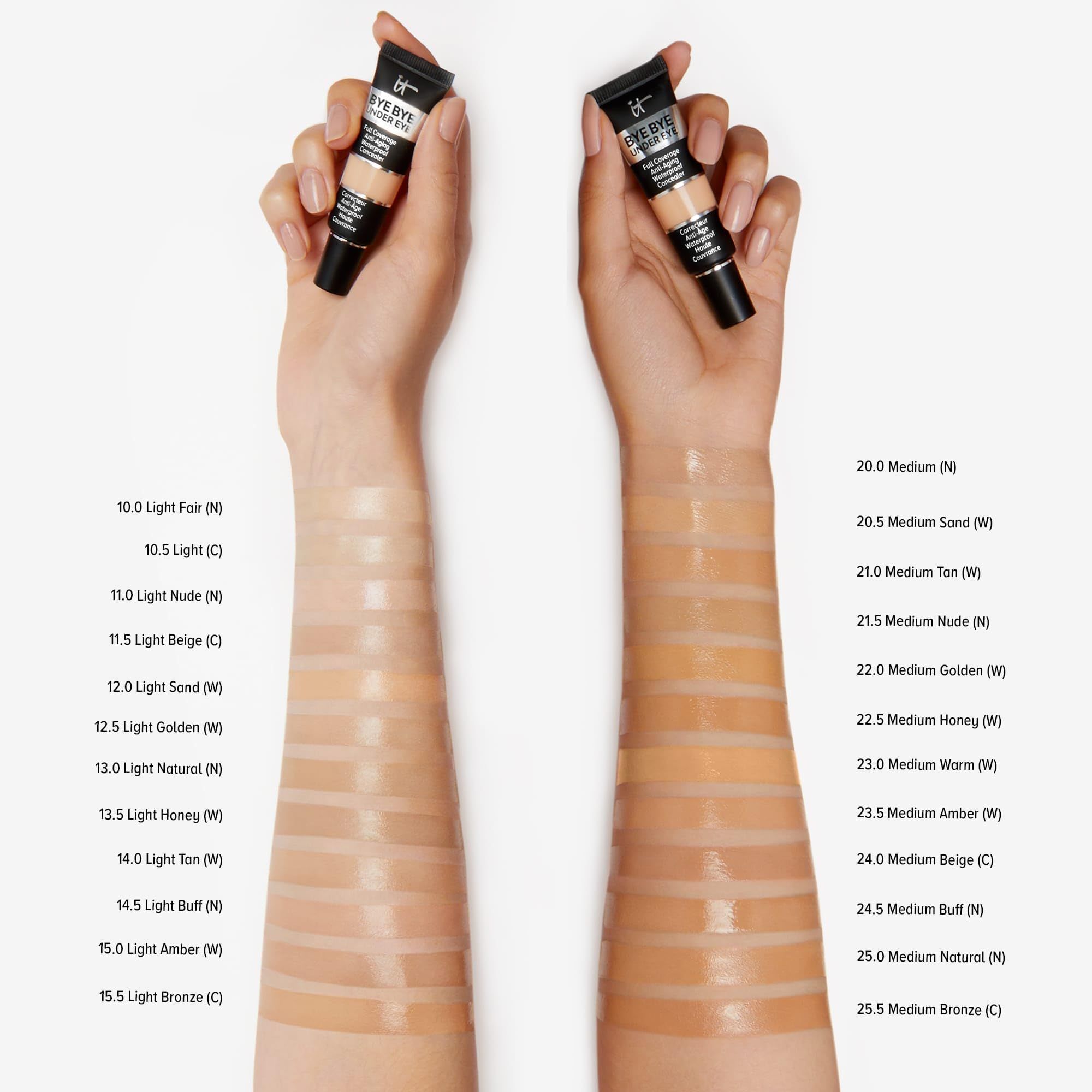 Hände halten Concealer-Tuben und Farbmuster. Farbtöne: 10.0 Light Fair bis 25.5 Medium Natural.