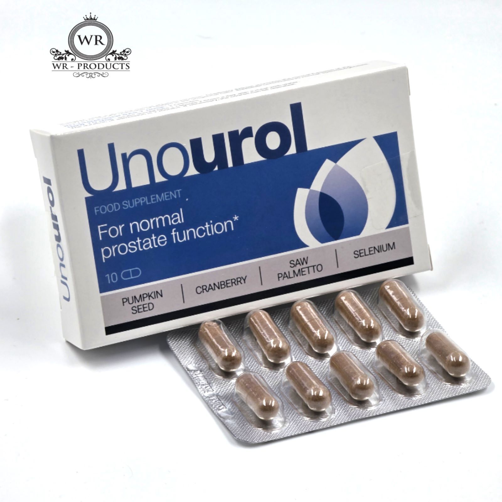 Schachtel "Unourol"-Kapseln und Blisterpackung mit Kapseln. Aufschrift: "For normal prostate function". Enthält 10 Kapseln. Logo "WR-PRODUCTS".