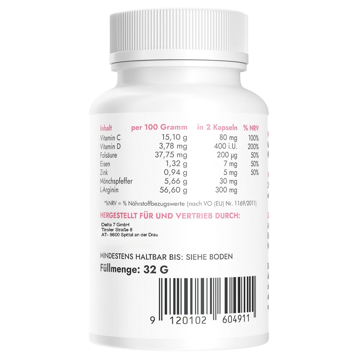 Rückseite der weißen Flasche. Nährwertangaben pro 100g und pro 2 Kapseln. Mindestens haltbar bis: siehe Boden. Füllmenge: 32 G. Barcode.