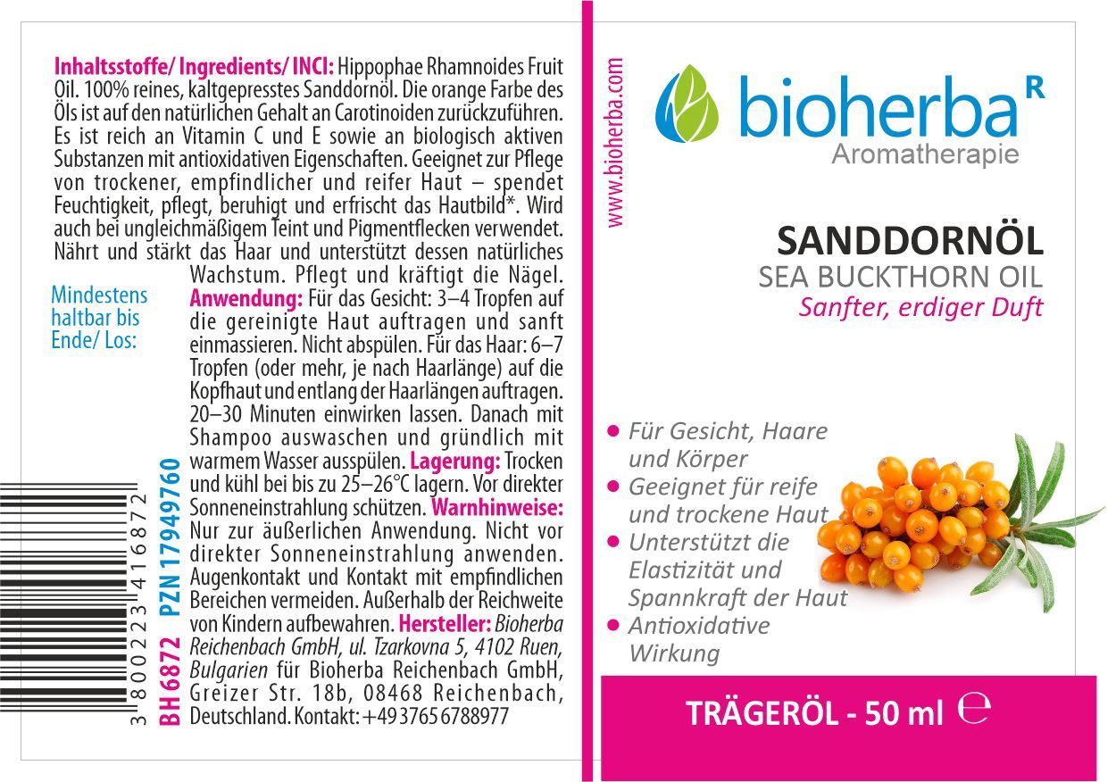 Etikett mit Produktname, Sanddorn-Illustration und Text. Marke: Bioherba. Enthält Informationen zu Inhaltsstoffen und Anwendung.
