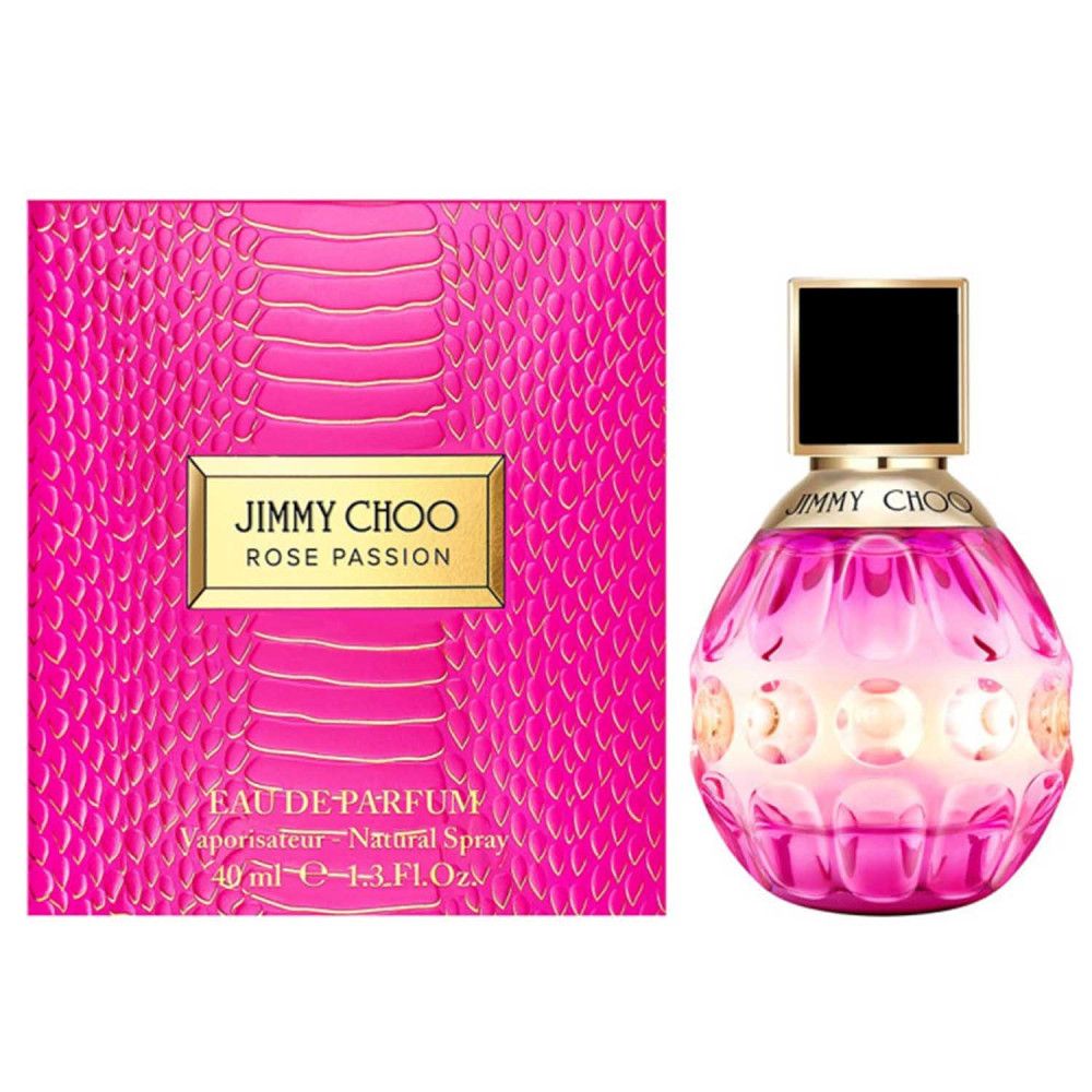 Rosa Flakon mit goldfarbenem Schriftzug JIMMY CHOO ROSE PASSION und Verpackung mit Schlangenmuster.