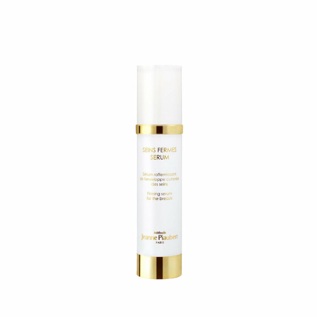 Weißes Serum mit goldenen Akzenten. Aufschrift: SEINS FERMES SERUM, Firming serum for the breasts. Marke: Jeanne Piaubert.