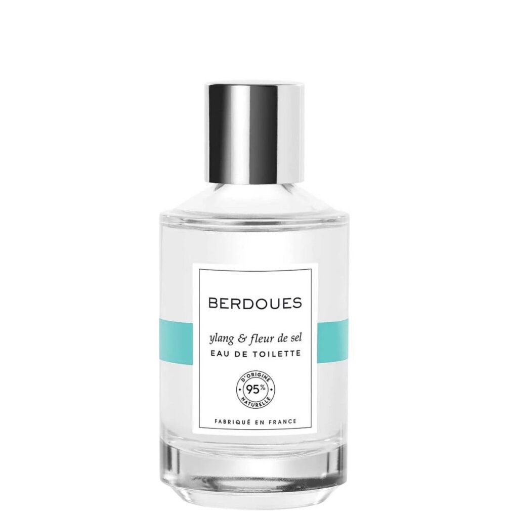 Glasflakon mit silbernem Verschluss, Etikett mit "BERDOUES ylang & fleur de sel EAU DE TOILETTE" und "95% d'origine naturelle".