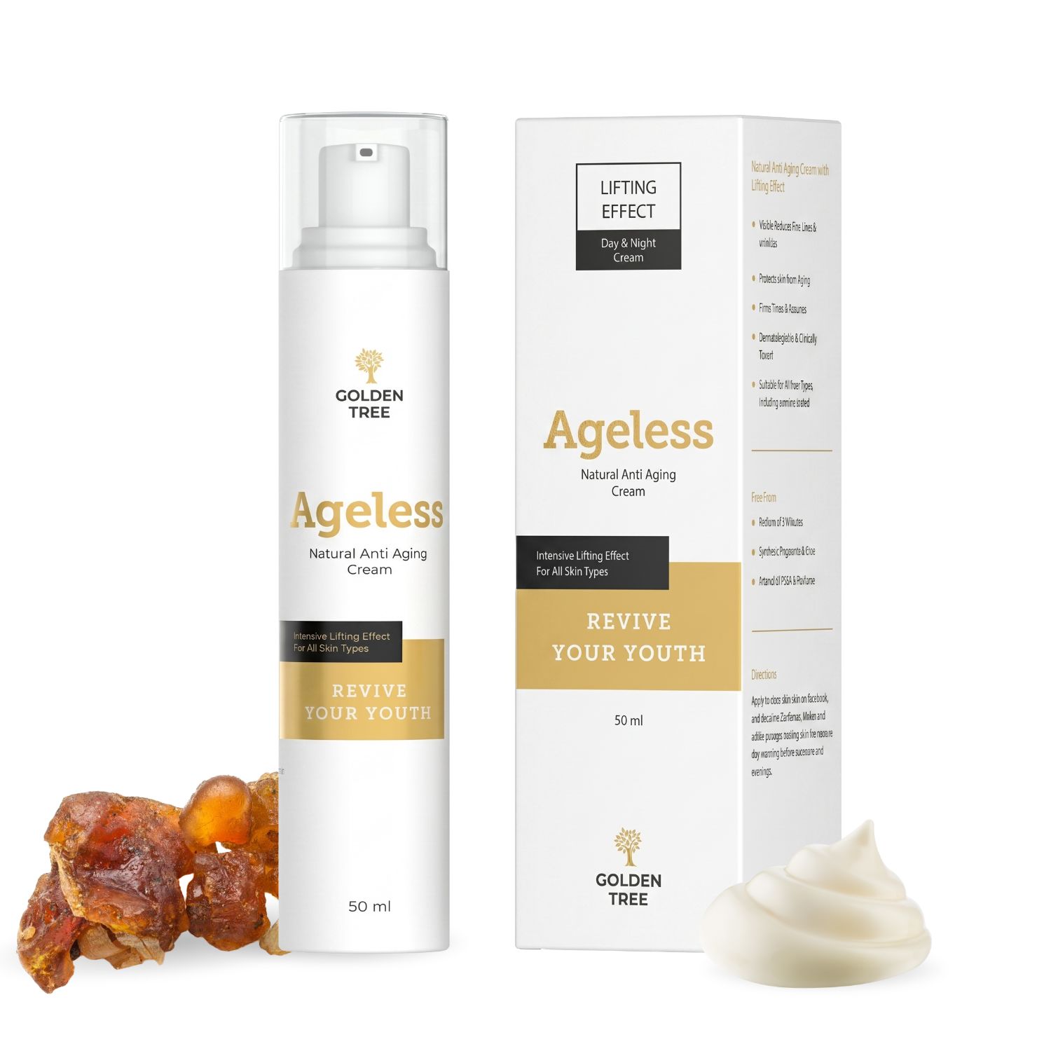 Golden Tree Ageless Anti-Aging Creme, 50ml Spender und Faltschachtel.
