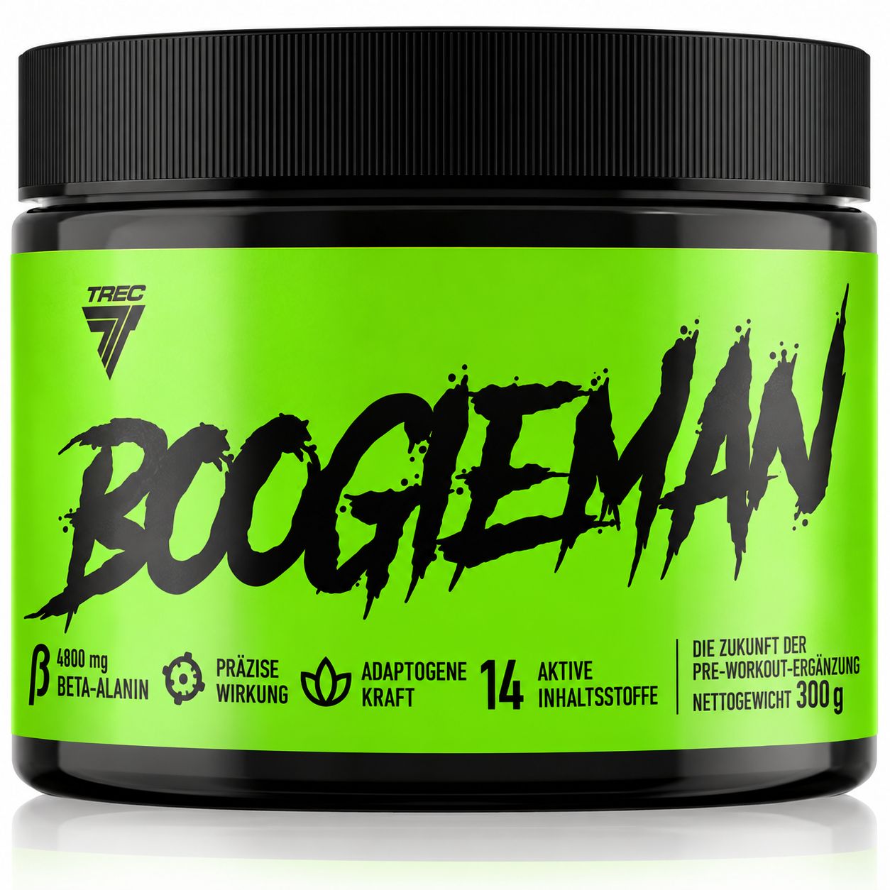 Grüner Behälter mit der Aufschrift "BOOGIEMAN". Enthält 14 aktive Inhaltsstoffe und 300g.