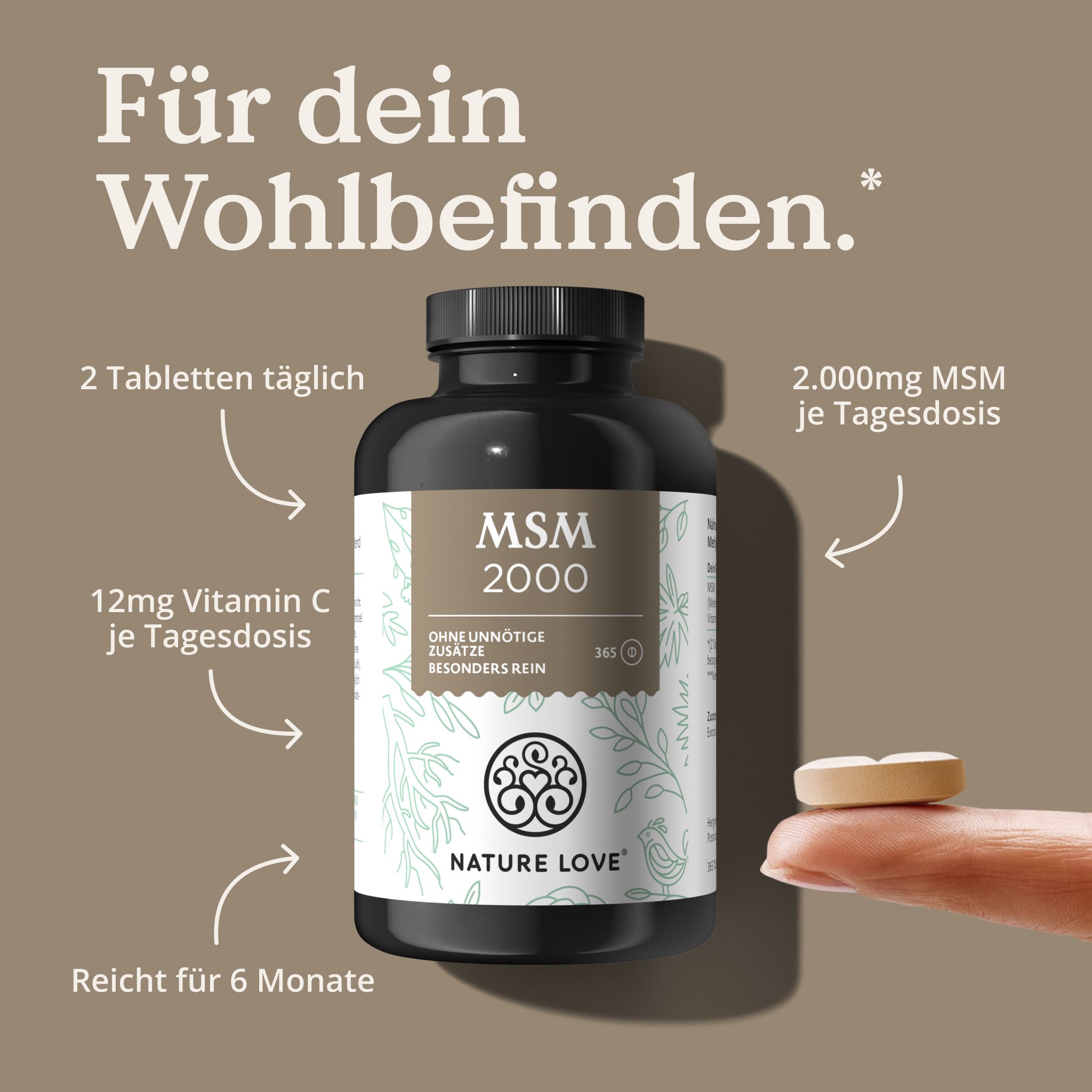 Produktflasche und Tablette. Text: Für dein Wohlbefinden. Aufschrift: MSM 2000. Logo: NATURE LOVE®. Pfeile mit Informationen zu Dosierung und Inhaltsstoffen.