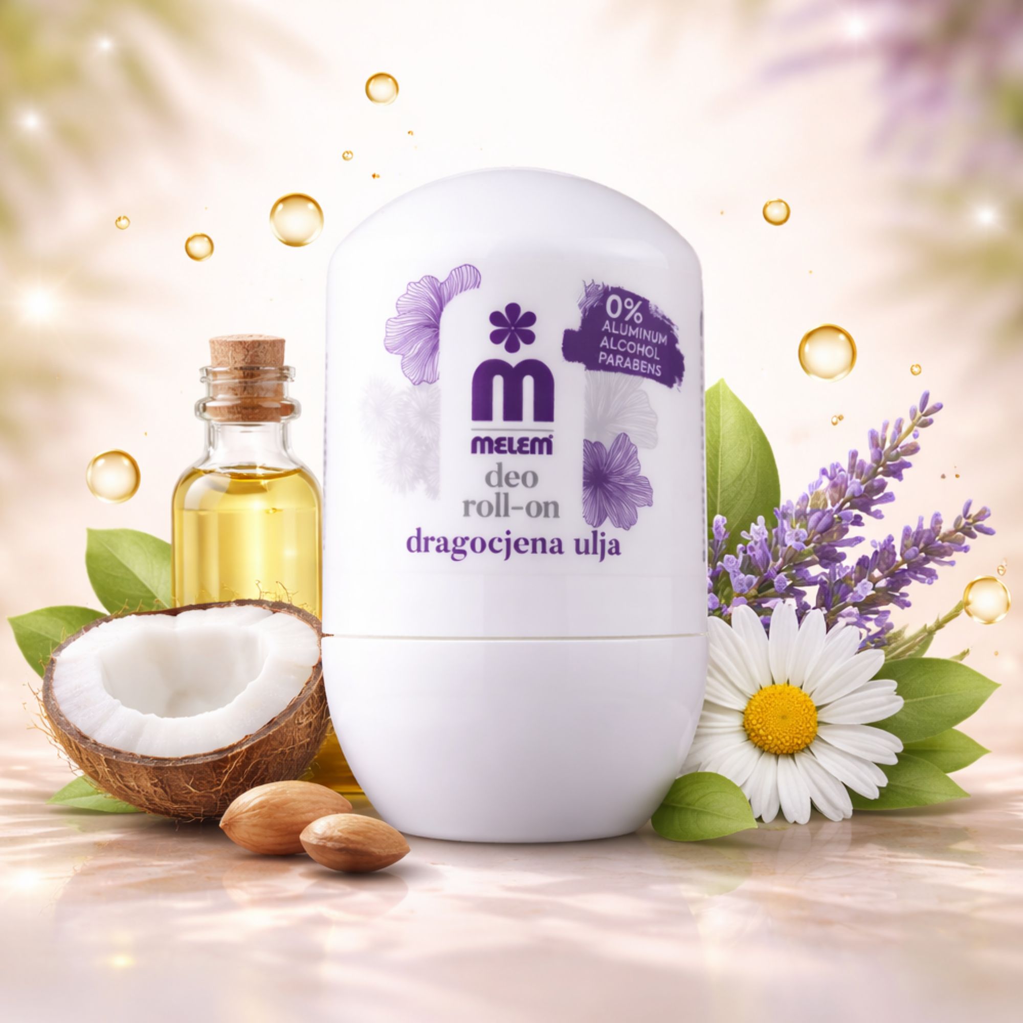 Weißer Roll-On mit lila Blüten und Schriftzug. Daneben Kokosnuss, Mandeln, Lavendel und Ölflasche. Aufschrift: Melem Deo Roll-On.