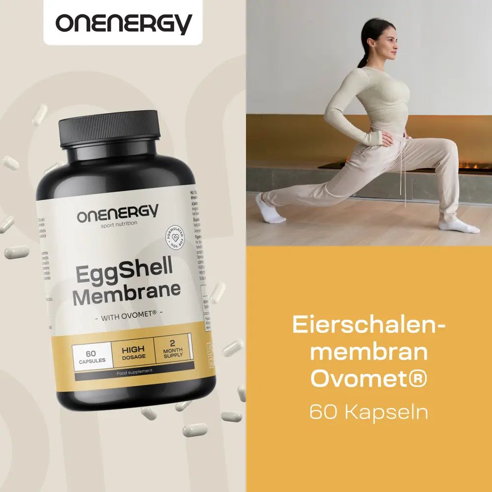 Frau in Ausfallschritt-Position, daneben Flasche EggShell Membrane Ovomet® mit 60 Kapseln.