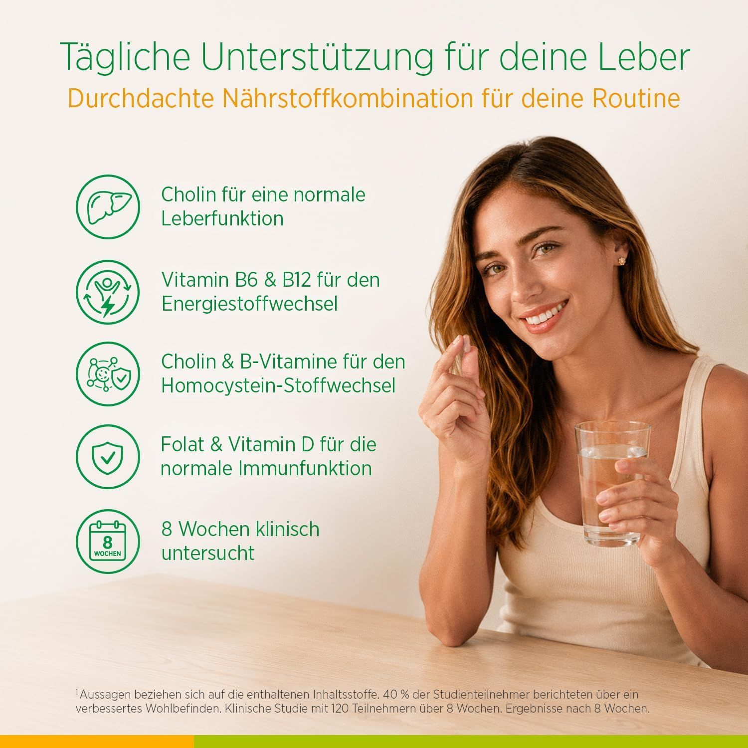 Frau hält Kapsel, Biostile Liver Protect: Tägliche Unterstützung für die Leber.