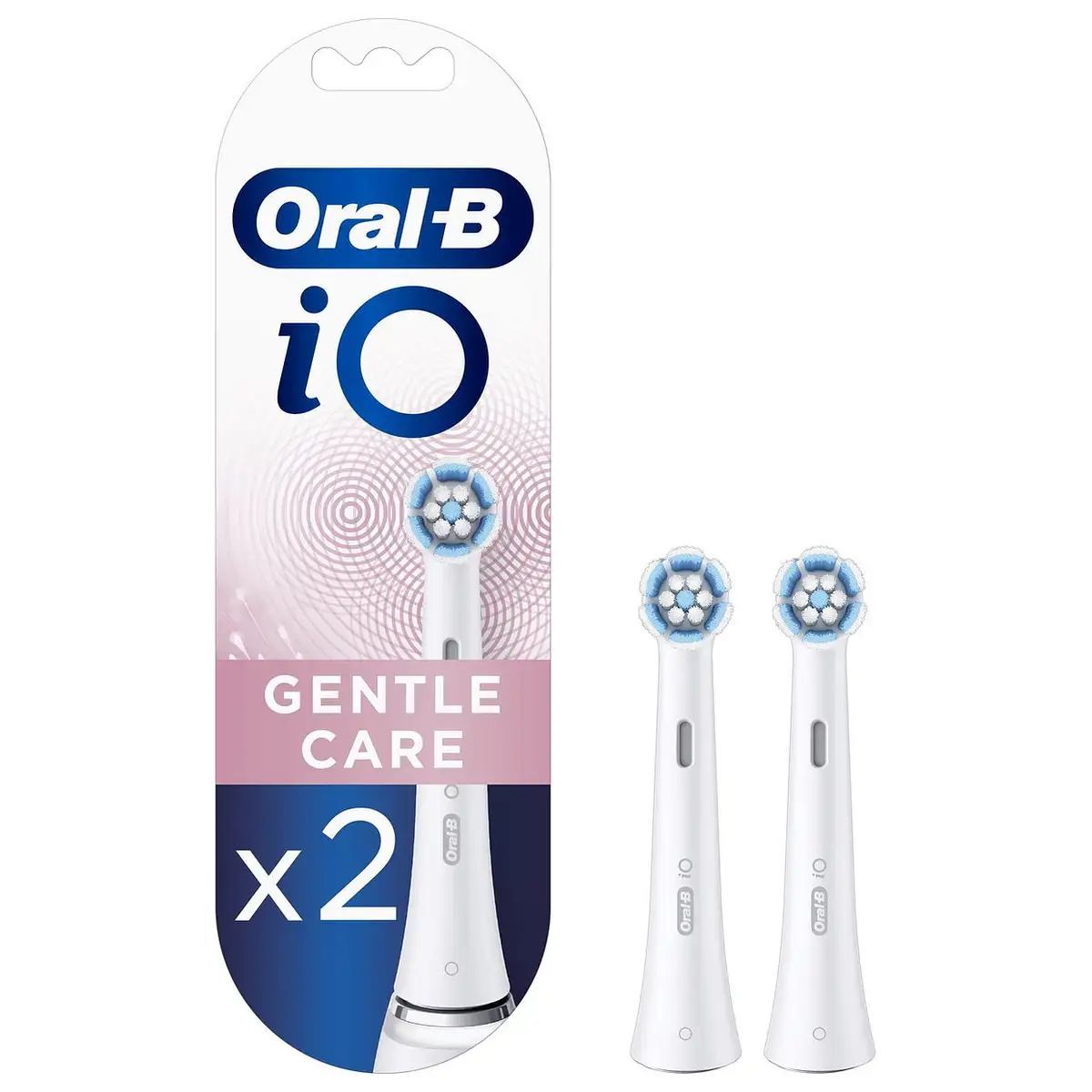 Oral-B iO Ersatz-Zahnbürste, sanfte Reinigung, 2 Stück. Weiße Bürstenköpfe mit blauen Borsten, in Verpackung.