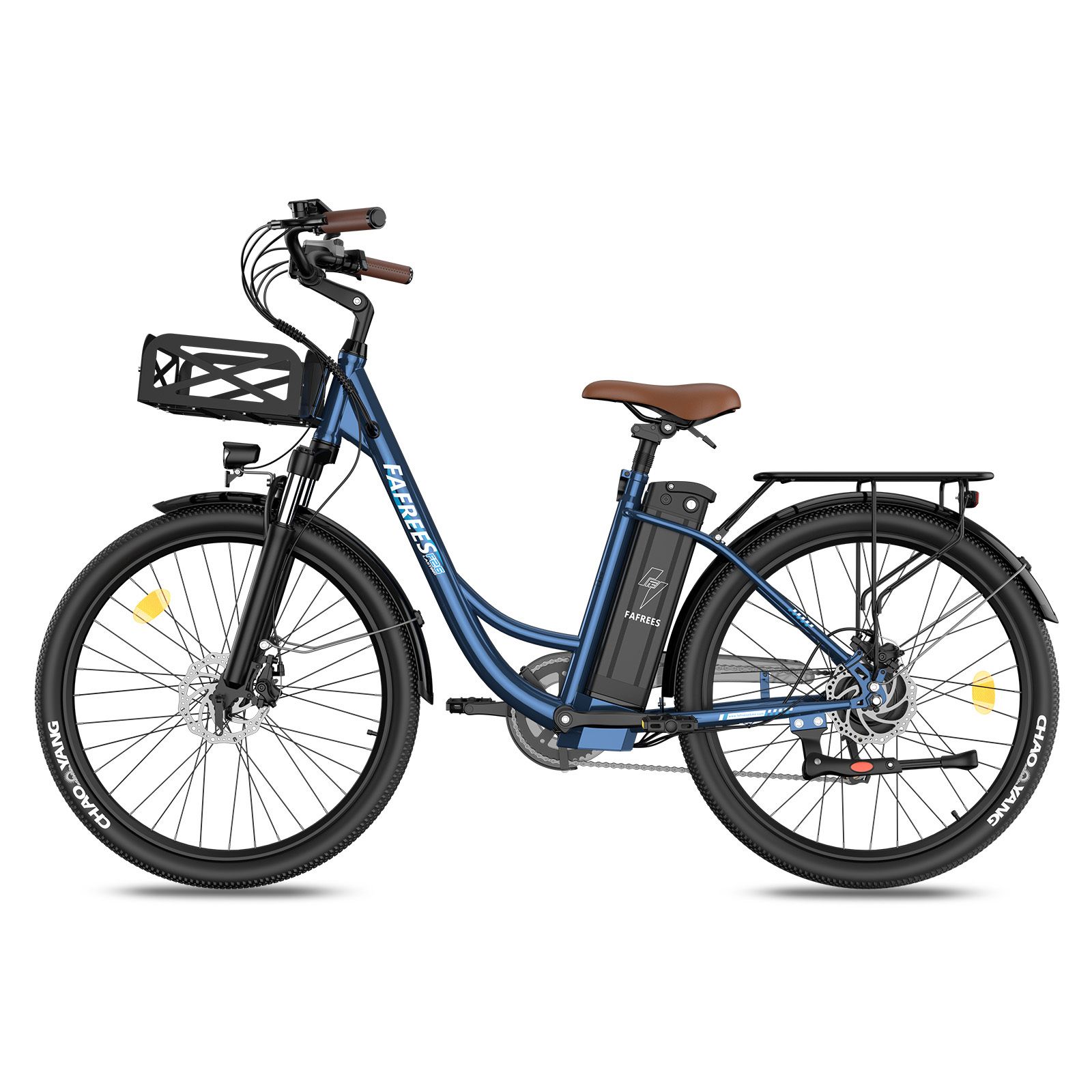 Blaues E-Bike mit braunem Sattel, Gepäckträger und Korb. Marke FAFREES.