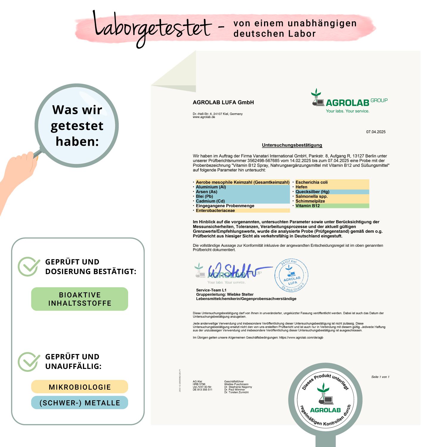 Laborzertifikat. Text: Laborgetestet von einem unabhängigen deutschen Labor. Geprüft und bestätigt: Bioaktive Inhaltsstoffe. Geprüft und unauffällig: Mikrobiologie.