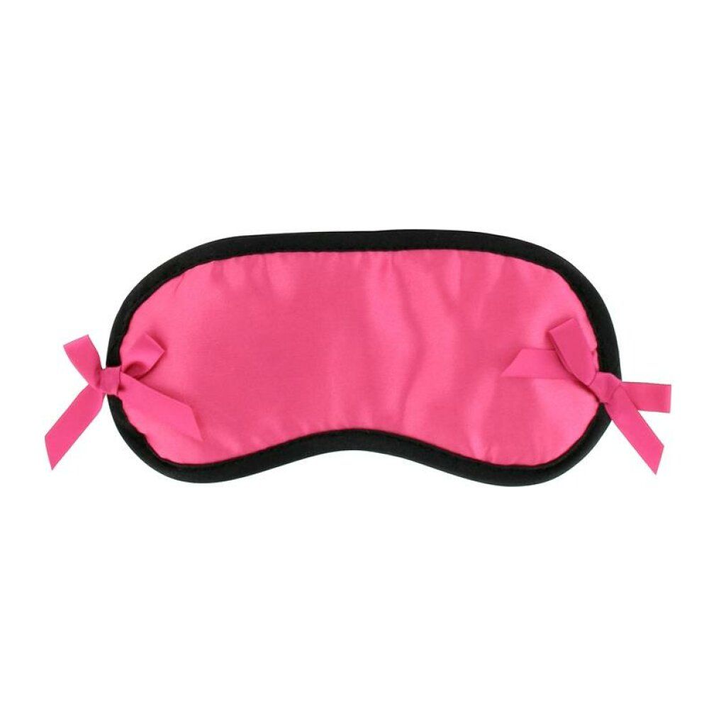 Pinkfarbene Augenmaske mit schwarzem Rand und rosa Schleifenbändern. Aus Stoff.