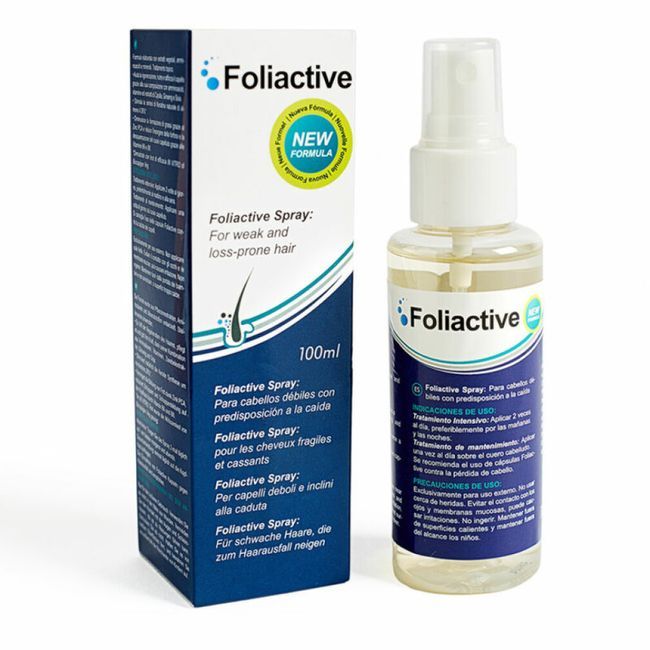 Foliactive Spray-Flasche und Verpackung. Flasche mit Sprühkopf und Verpackung. Produktinformationen auf beiden.