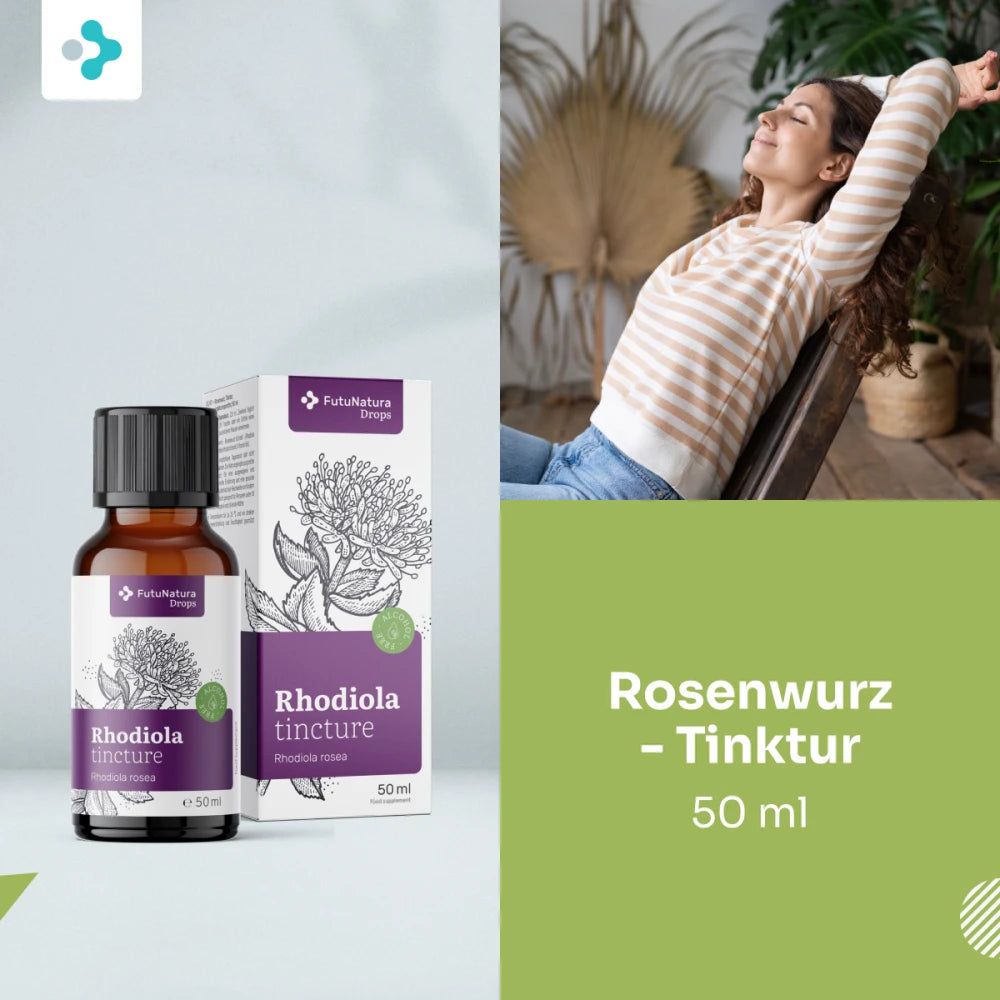 Flasche und Karton mit Rhodiola Rosea Tinktur neben einer entspannten Frau.