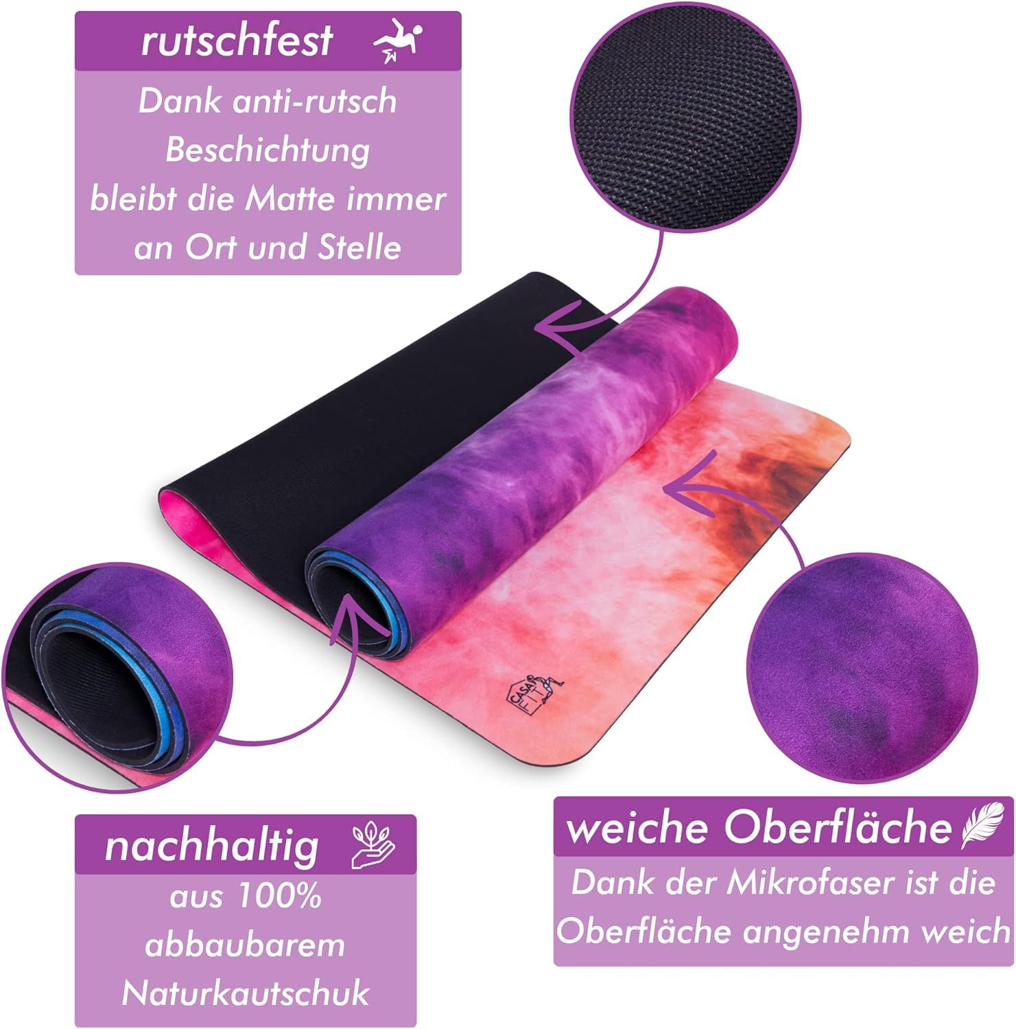 Yogamatte, gerollt und ausgebreitet. Anti-Rutsch-Beschichtung, weiche Oberfläche. Nachhaltig aus Naturkautschuk.