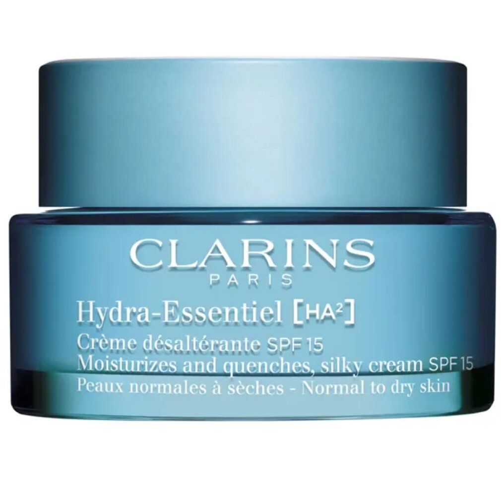 Blaues Tiegel mit Deckel. Aufschrift: Clarins Paris, Hydra-Essentiel, Crème désaltérante SPF 15. Für normale bis trockene Haut.