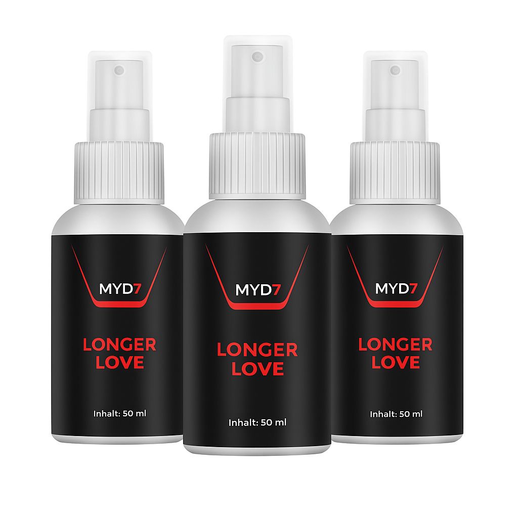 Drei Sprühflaschen mit weißem Deckel und schwarzem Etikett. Auf dem Etikett steht "MYD7" und "LONGER LOVE". Inhalt: 50 ml.