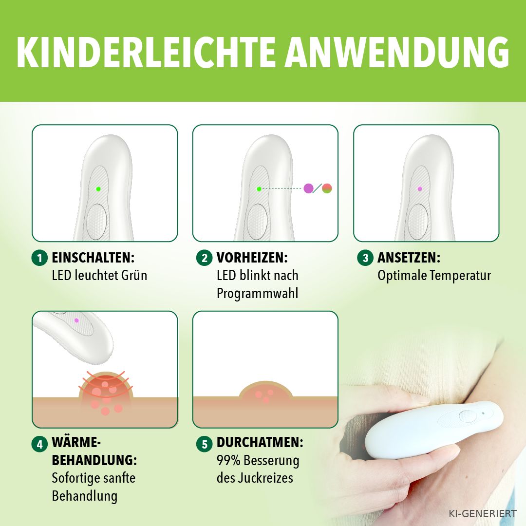 Schritt-für-Schritt-Anleitung für Insektenstichheiler: Einschalten, Vorheizen, Ansetzen, Behandlung, Durchatmen.