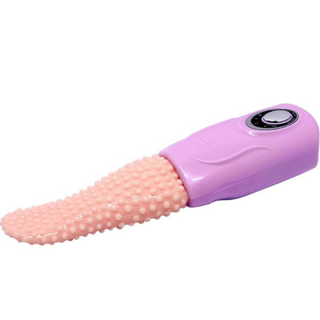 Zungen-Vibrator, rosa Basis, beige, strukturierte Spitze. Drehknopf auf der Basis.