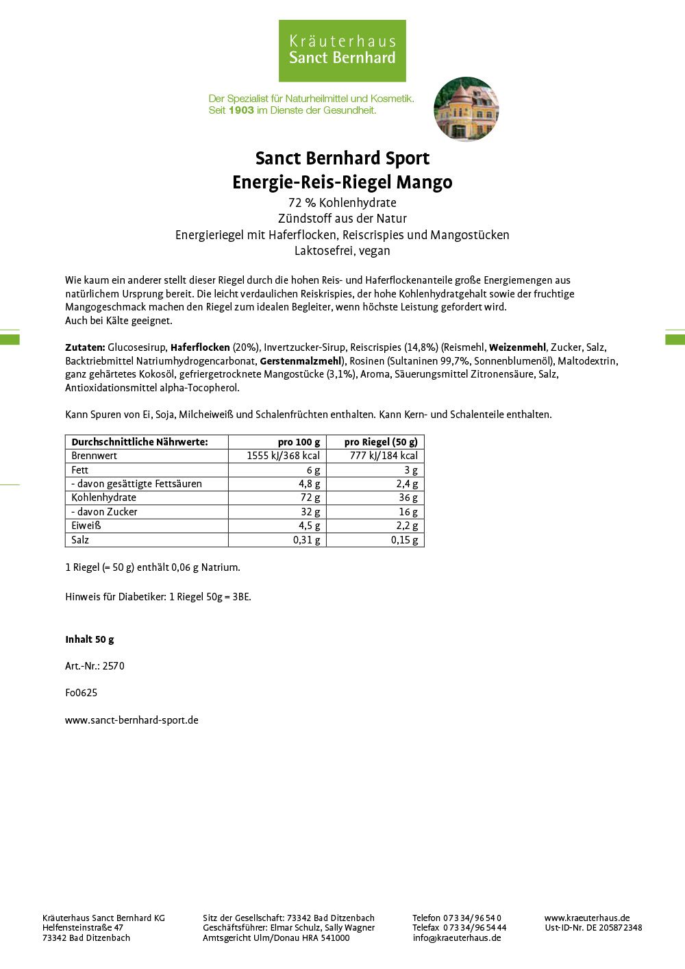Verpackungsinformationen für Sanct Bernhard Sport Energie-Reis-Riegel Mango mit Nährwertangaben.