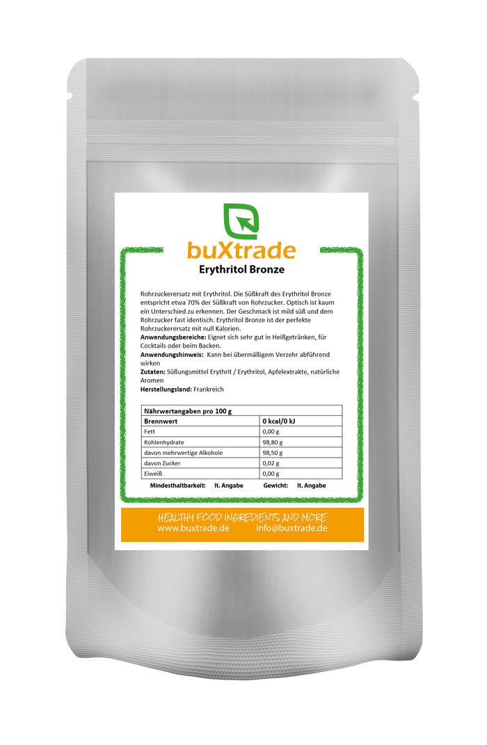 Beutel mit buXtrade Erythritol Bronze. Etikett mit Produktinformationen und Nährwertangaben. Grün-weiße Verpackung.