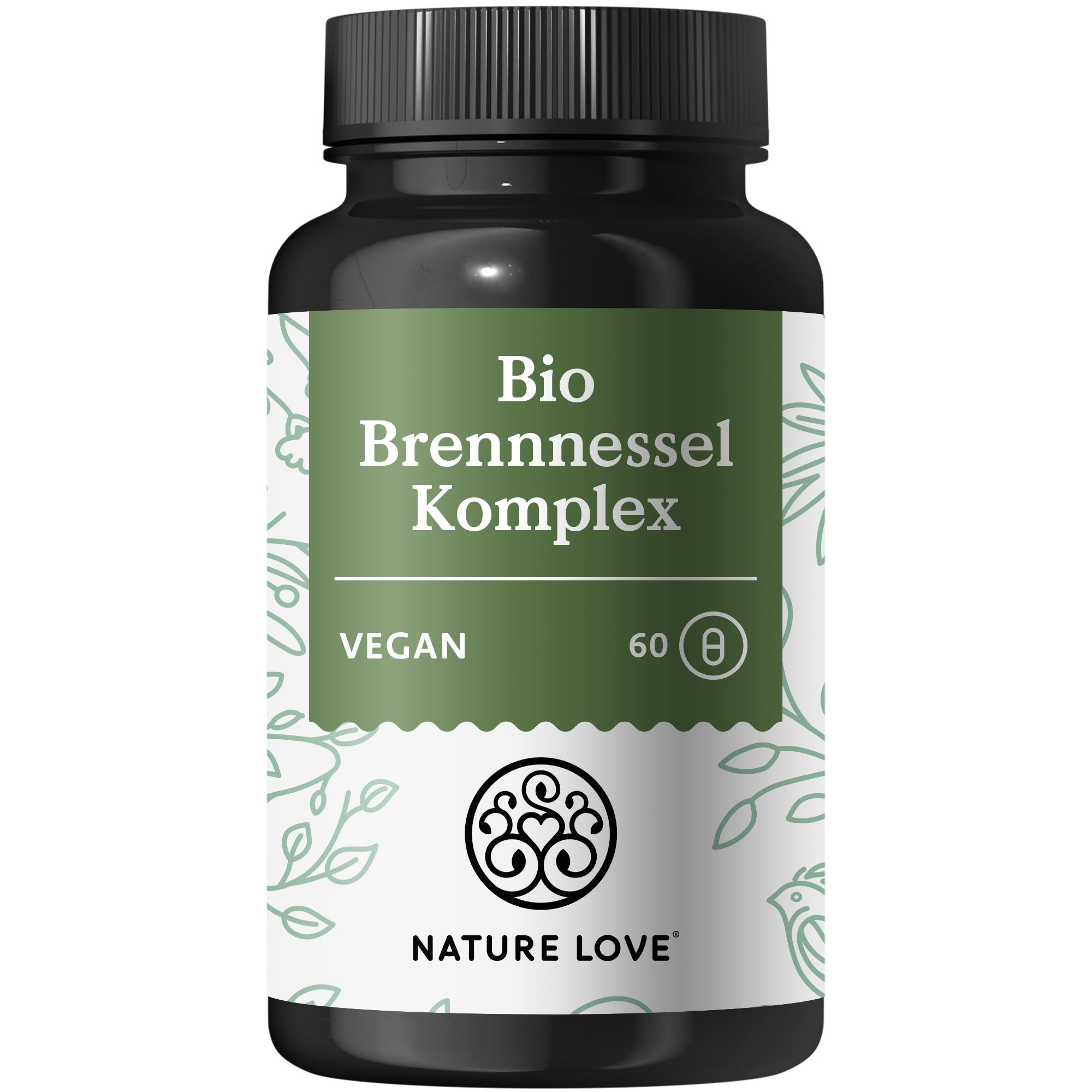 Braune Flasche mit grüner Etikett. Text: Bio Brennnessel Komplex, Vegan, 60 Kapseln. Logo: NATURE LOVE®.