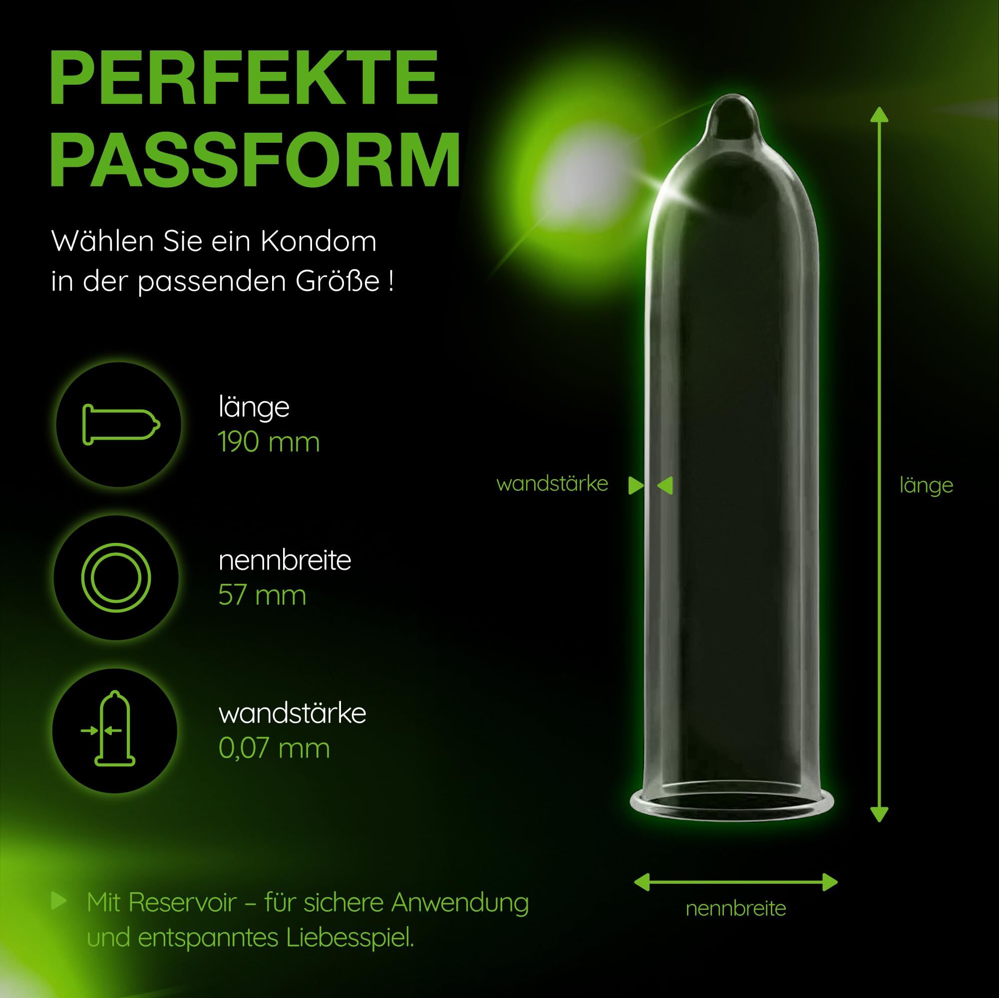 Vitalis Kondom: Länge 190 mm, Nennbreite 57 mm, Wandstärke 0,07 mm, mit Reservoir.