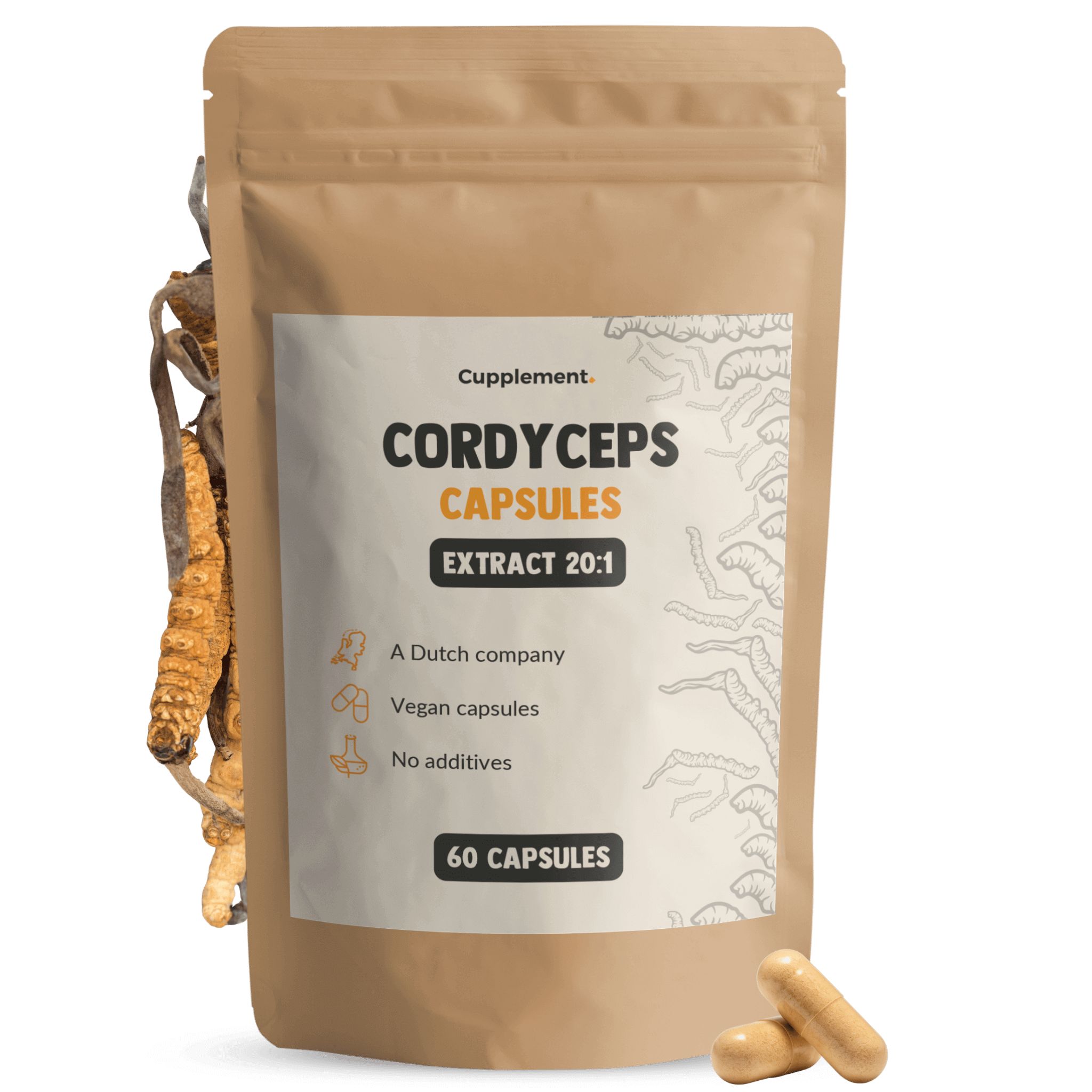 Beutel mit Kapseln. Aufschrift: Cordyceps Capsules Extract 20:1. Vegan. 60 Kapseln. Zwei Kapseln liegen daneben. Cordyceps-Pilze.