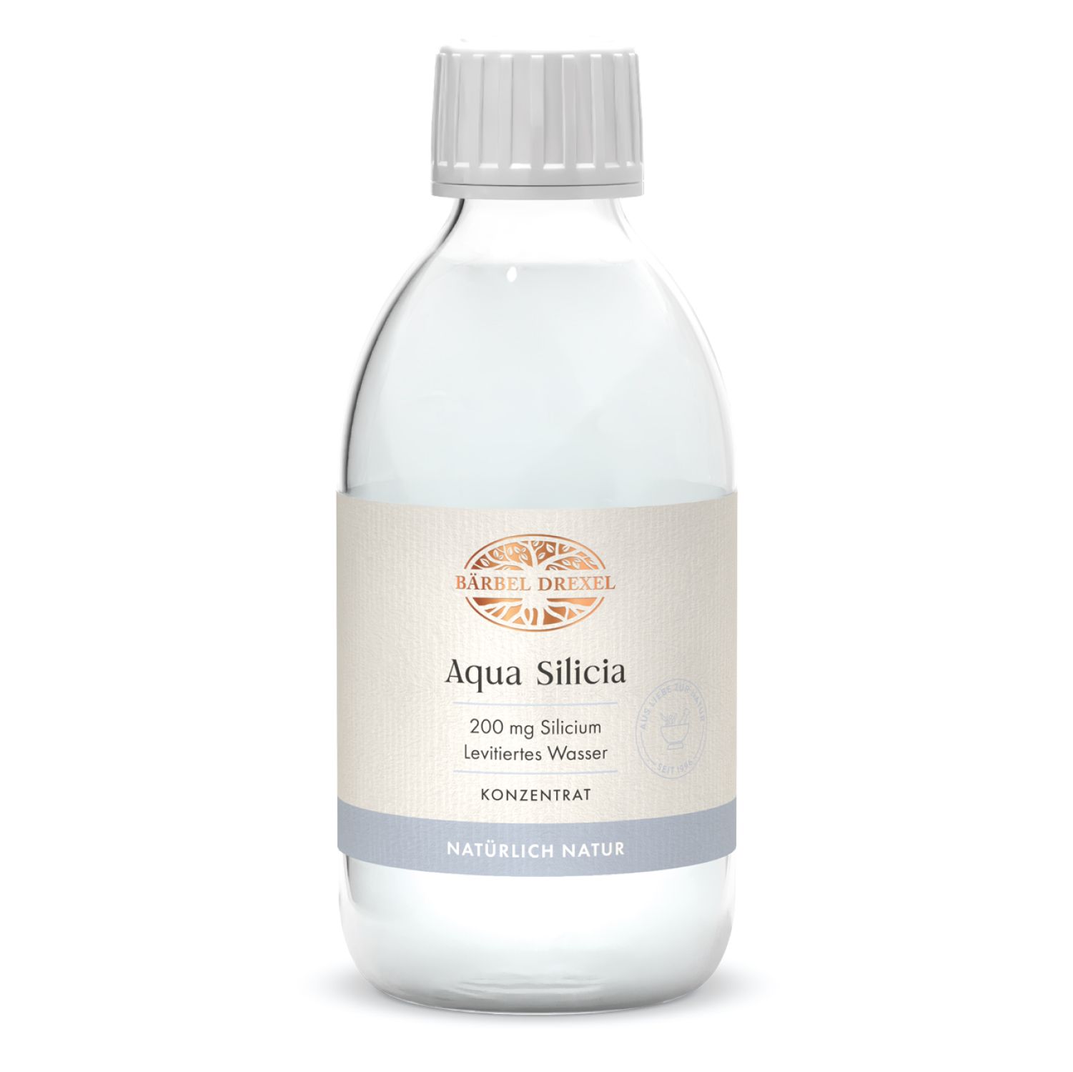 Aqua Silicia Flasche mit weißem Deckel. Etikett mit Produktnamen und Informationen: 200 mg Silicium levitiertes Wasser. Aufschrift: Natürlich Natur.