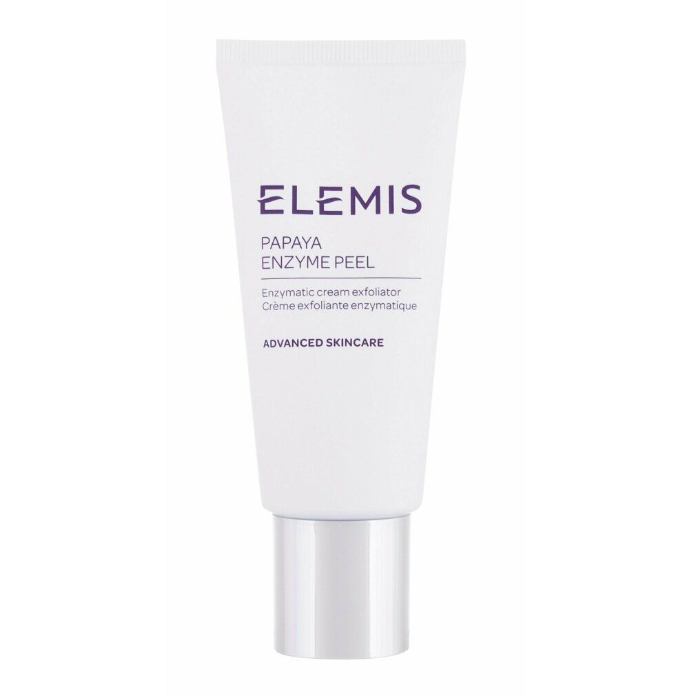 Weisse Tube mit silbernem Verschluss. Aufschrift: Elemis Papaya Enzyme Peel, Advanced Skincare.