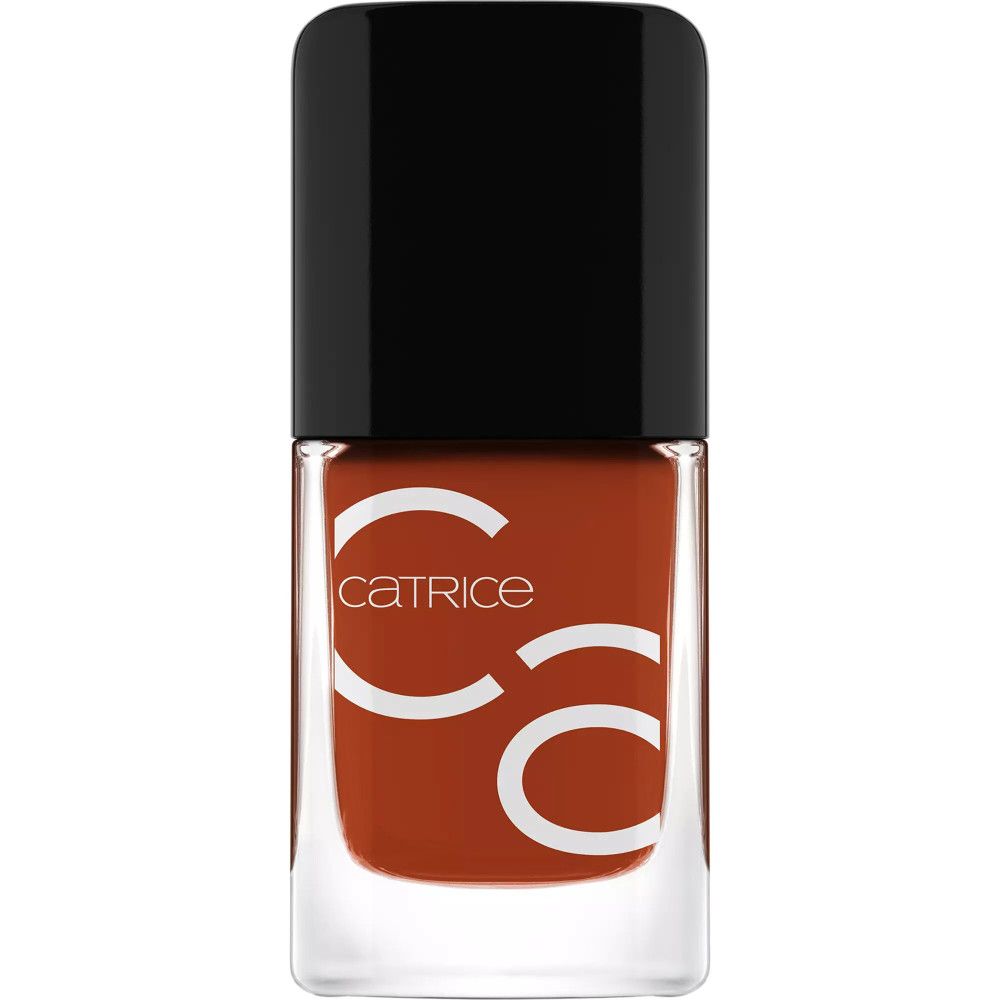 Nagellackflasche mit schwarzem Deckel und 'Catrice' Aufschrift.