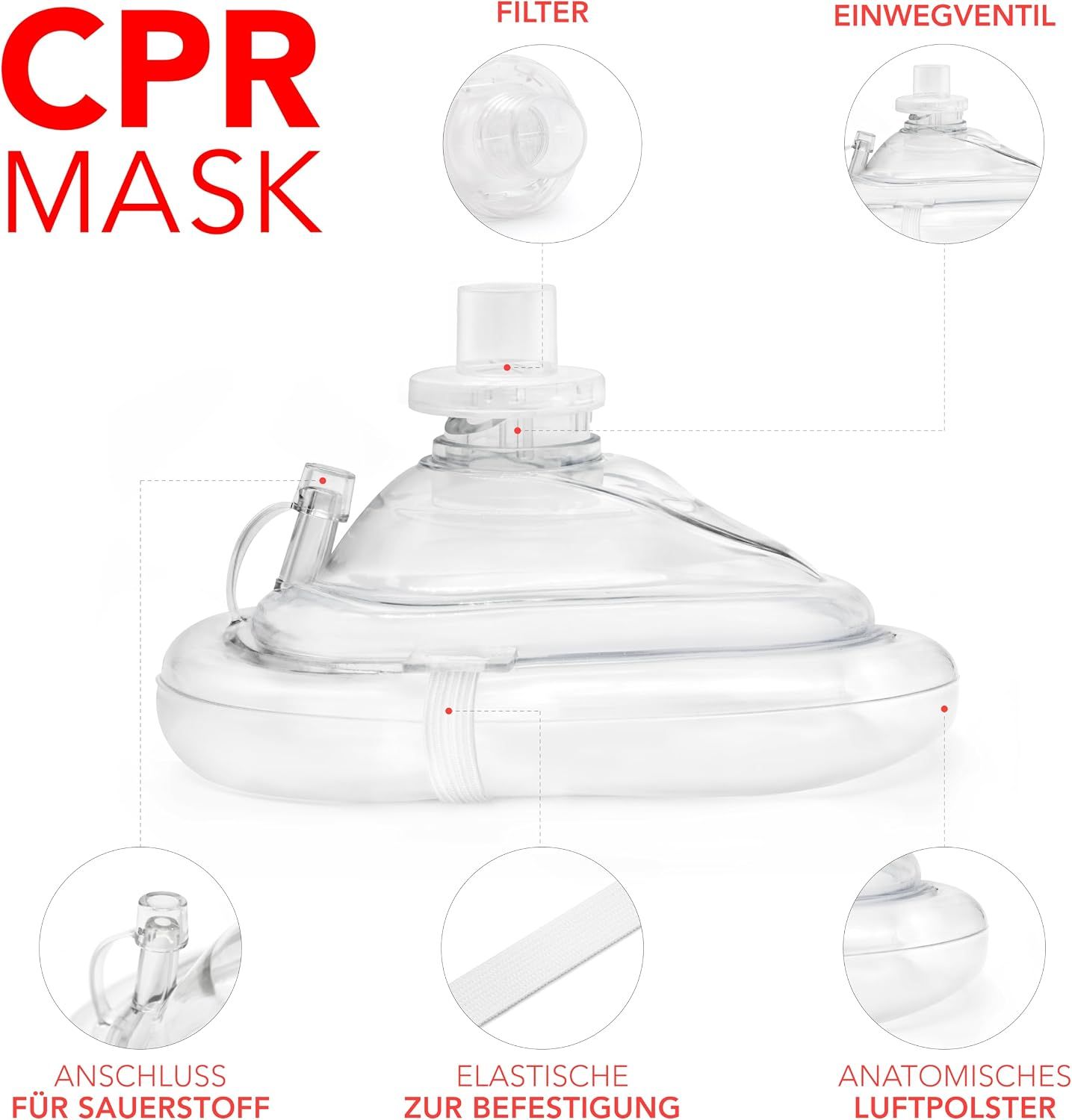 CPR-Maske mit Filter, Einwegventil, Anschluss für Sauerstoff, elastischer Befestigung und anatomischem Luftpolster.