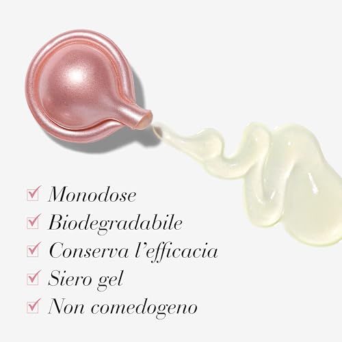 Rosa Kapsel mit Serum. Text: Monodosis, biologisch abbaubar, bewahrt die Wirksamkeit, Gel-Serum, nicht komedogen.
